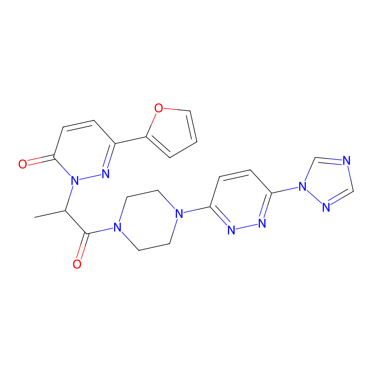2-(1-(4-(6-(1H-1,2,4-triazol-1-yl)pyridazin-3-yl)piperazin-1-yl)-1-oxopropan-2-yl)-6-(furan-2-yl)pyridazin-3(2H)-one molecular structure, CAS 2034384-74-0