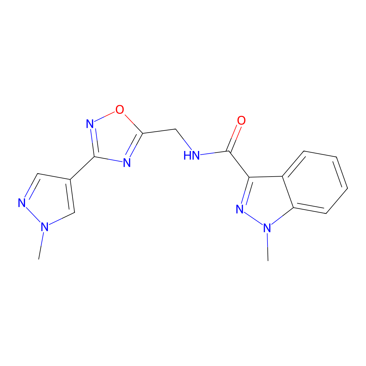 1-methyl-N-{[3-(1-methyl-1H-pyrazol-4-yl)-1,2,4-oxadiazol-5-yl]methyl}-1H-indazole-3-carboxamide molecular structure, CAS 2034384-80-8