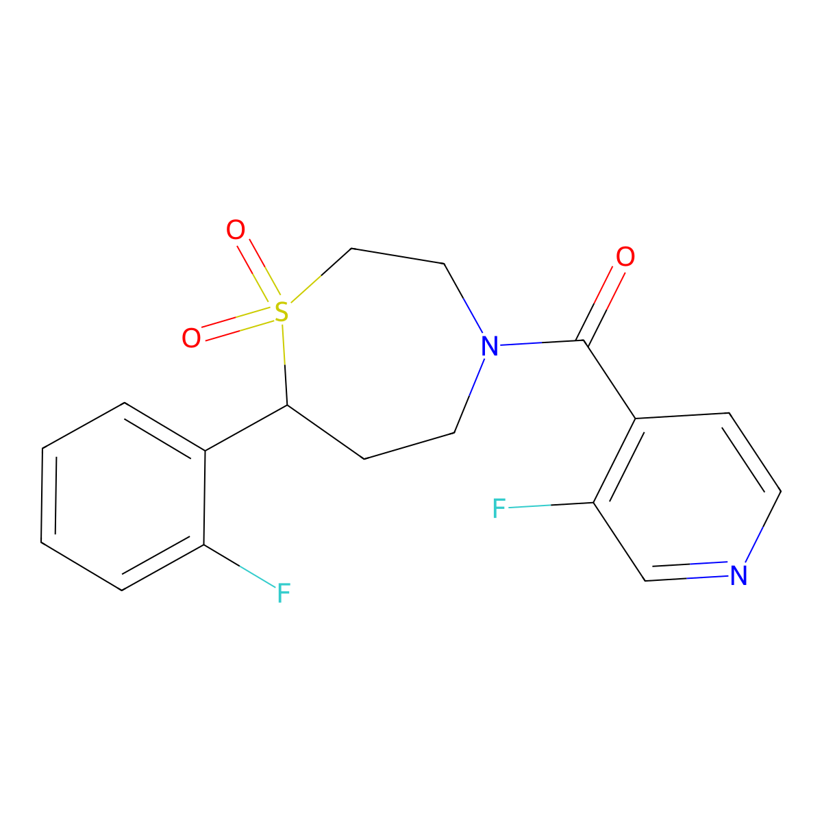 (7-(2-Fluorophenyl)-1,1-dioxido-1,4-thiazepan-4-yl)(3-fluoropyridin-4-yl)methanone molecular structure, CAS 2034384-85-3