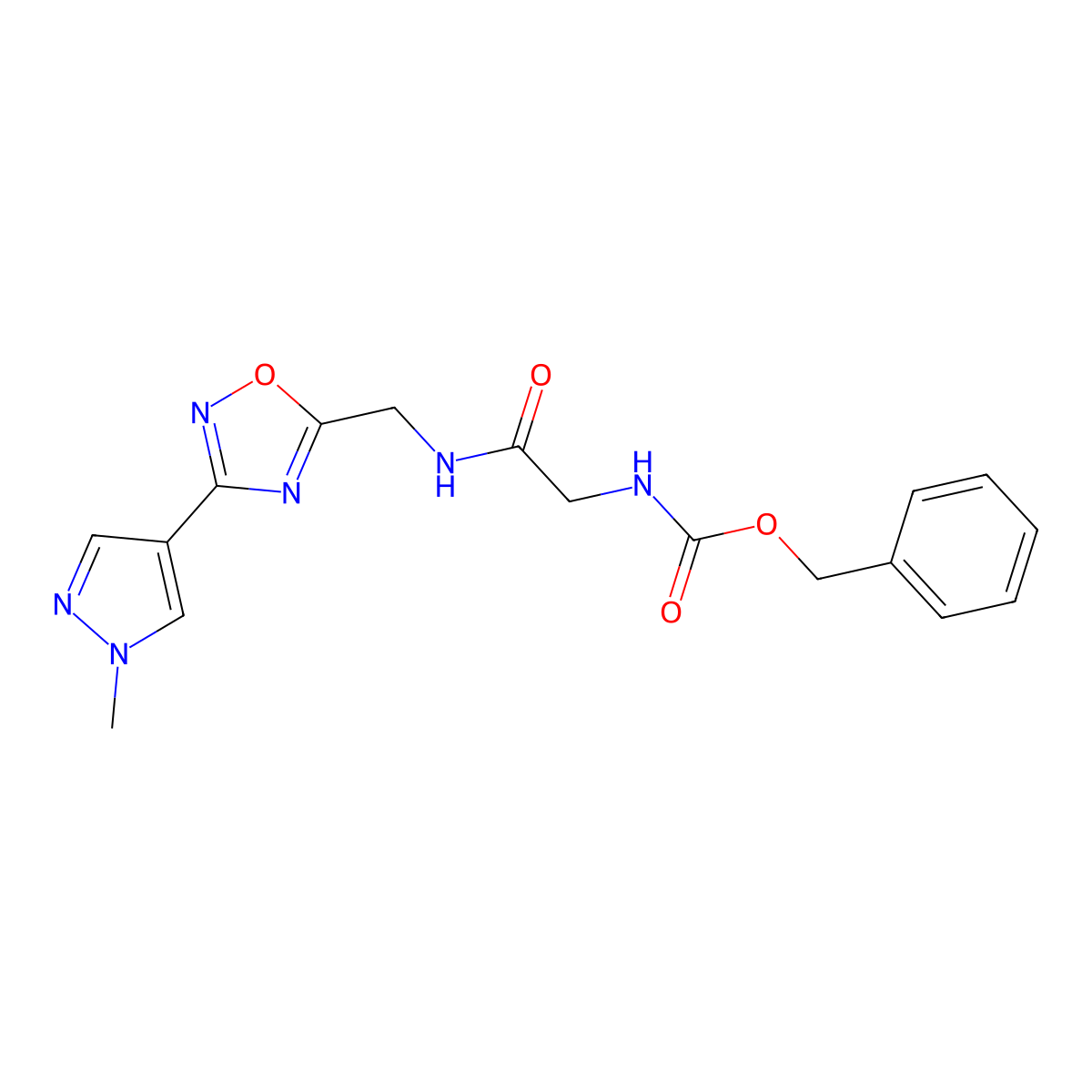 benzyl (2-(((3-(1-methyl-1H-pyrazol-4-yl)-1,2,4-oxadiazol-5-yl)methyl)amino)-2-oxoethyl)carbamate molecular structure, CAS 2034384-90-0