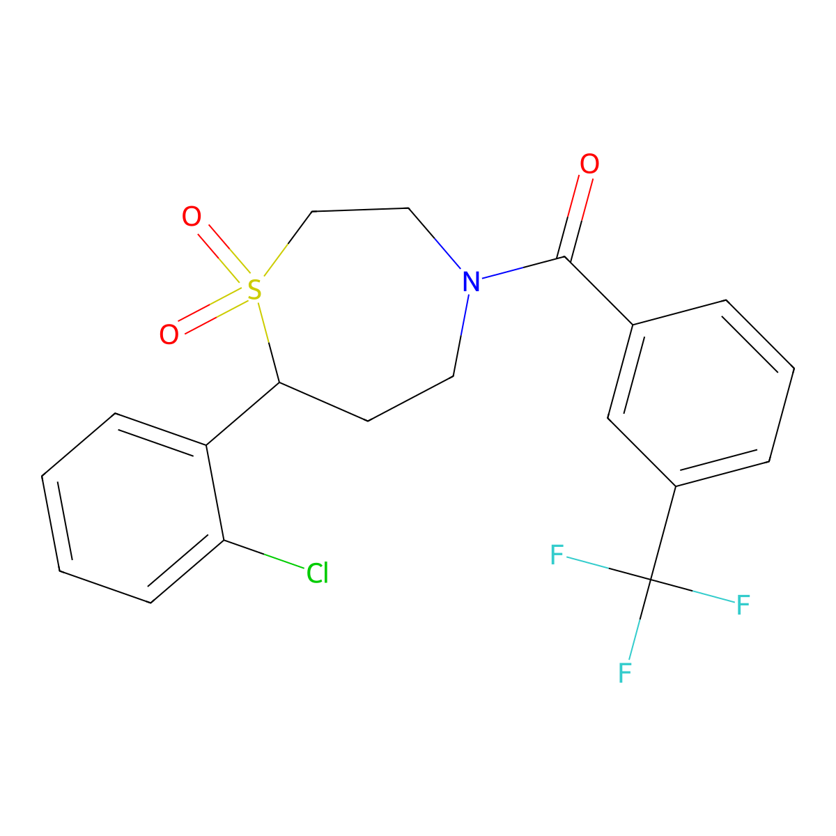 (7-(2-Chlorophenyl)-1,1-dioxido-1,4-thiazepan-4-yl)(3-(trifluoromethyl)phenyl)methanone molecular structure, CAS 2034384-91-1
