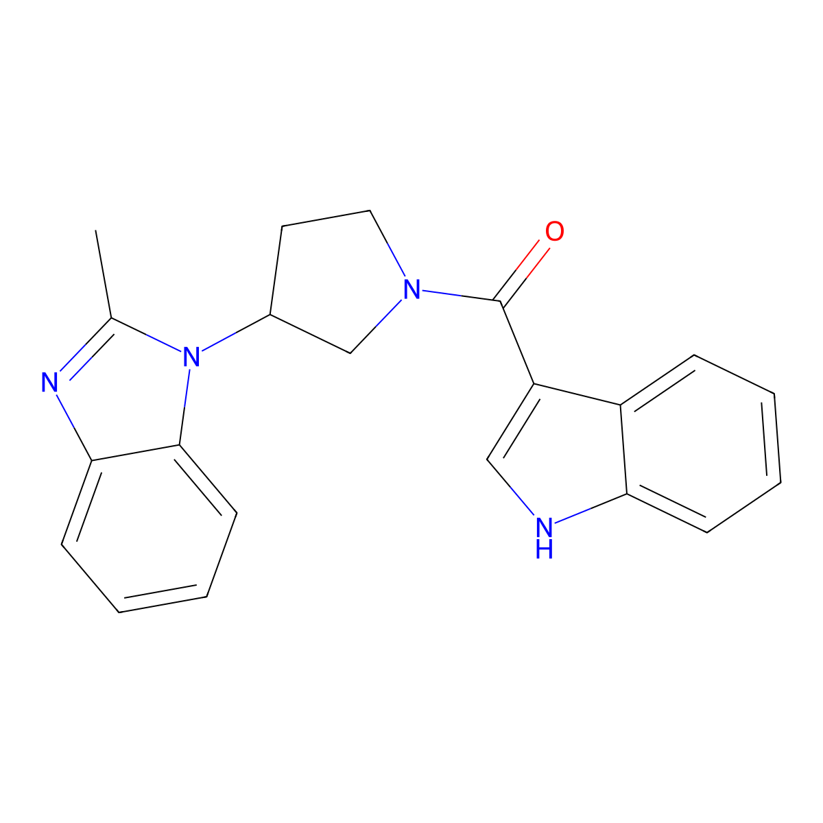 (1H-indol-3-yl)(3-(2-methyl-1H-benzo[d]imidazol-1-yl)pyrrolidin-1-yl)methanone molecular structure, CAS 2034384-93-3