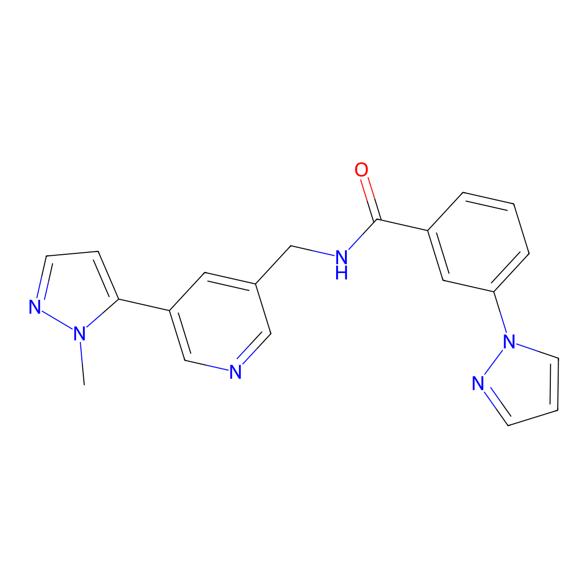 N-{[5-(1-methyl-1H-pyrazol-5-yl)pyridin-3-yl]methyl}-3-(1H-pyrazol-1-yl)benzamide molecular structure, CAS 2034385-03-8