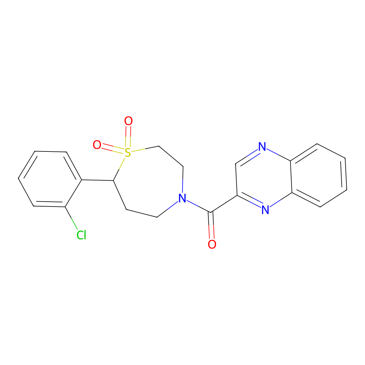(7-(2-Chlorophenyl)-1,1-dioxido-1,4-thiazepan-4-yl)(quinoxalin-2-yl)methanone molecular structure, CAS 2034385-07-2