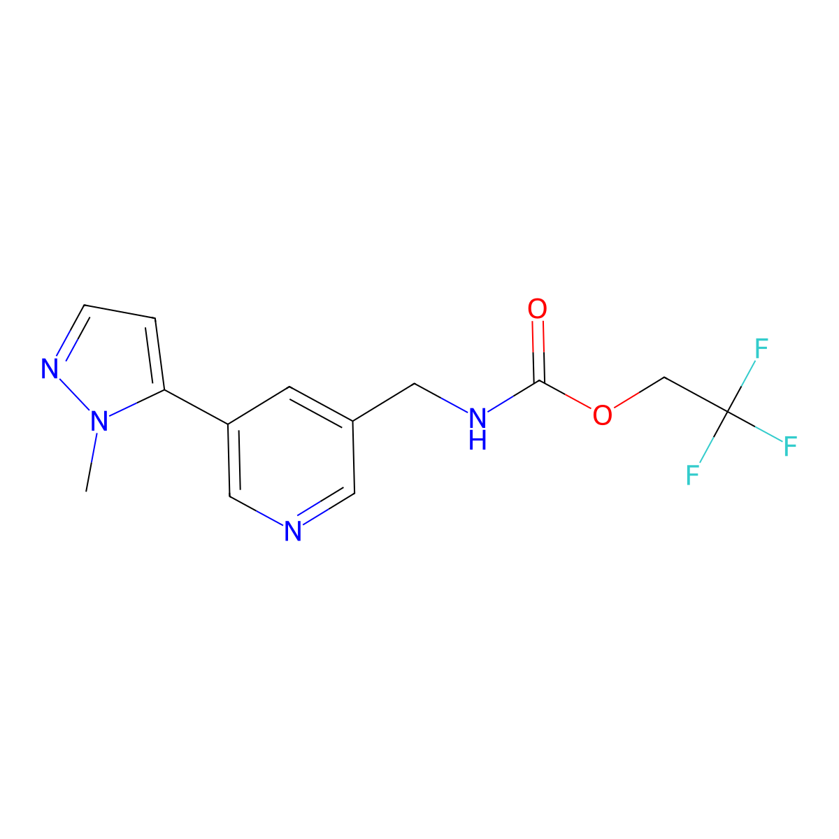 2,2,2-trifluoroethyl ((5-(1-methyl-1H-pyrazol-5-yl)pyridin-3-yl)methyl)carbamate molecular structure, CAS 2034385-08-3