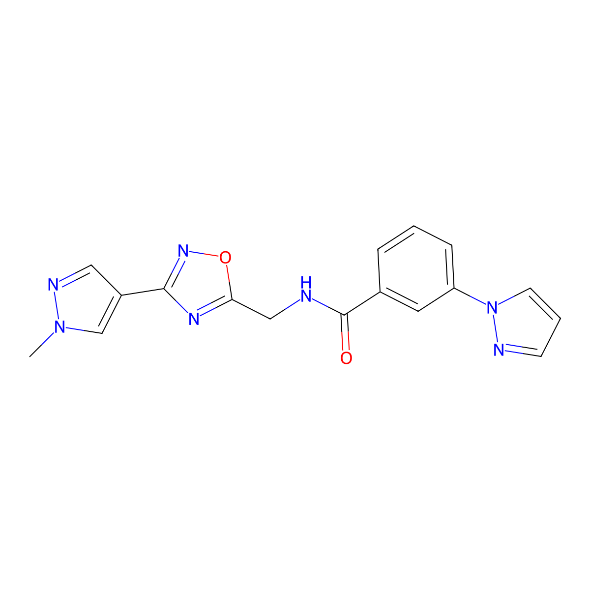 N-((3-(1-methyl-1H-pyrazol-4-yl)-1,2,4-oxadiazol-5-yl)methyl)-3-(1H-pyrazol-1-yl)benzamide molecular structure, CAS 2034385-09-4