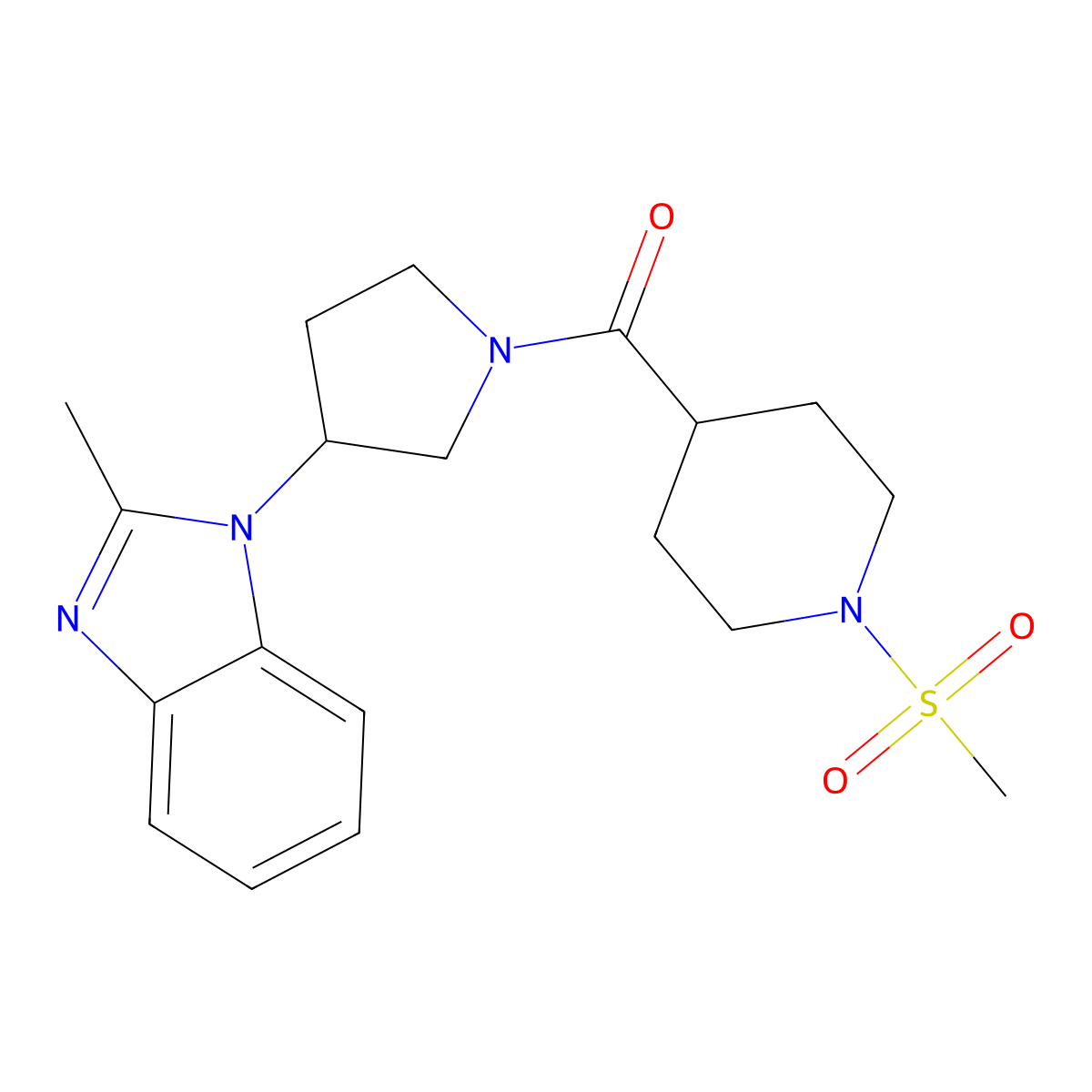 (3-(2-methyl-1H-benzo[d]imidazol-1-yl)pyrrolidin-1-yl)(1-(methylsulfonyl)piperidin-4-yl)methanone molecular structure, CAS 2034385-11-8