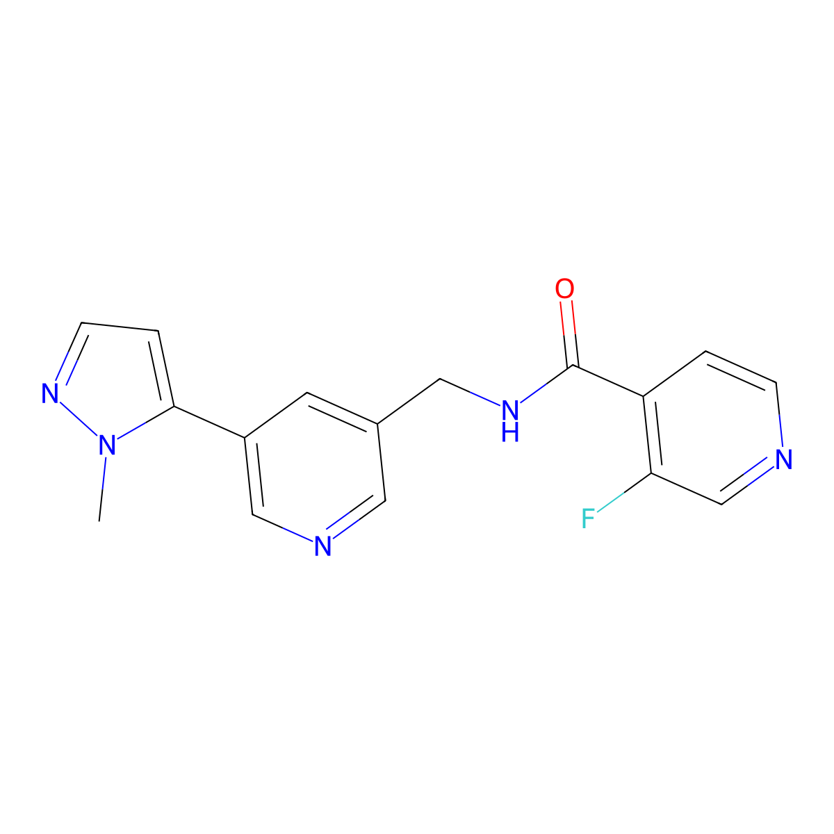 3-fluoro-N-((5-(1-methyl-1H-pyrazol-5-yl)pyridin-3-yl)methyl)isonicotinamide molecular structure, CAS 2034385-14-1