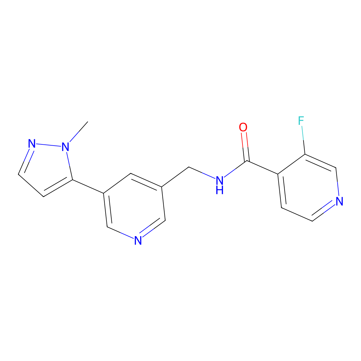 3-fluoro-N-((5-(1-methyl-1H-pyrazol-5-yl)pyridin-3-yl)methyl)isonicotinamide molecular structure, CAS 2034385-14-1