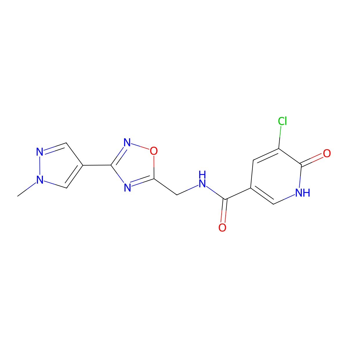 5-chloro-6-hydroxy-N-((3-(1-methyl-1H-pyrazol-4-yl)-1,2,4-oxadiazol-5-yl)methyl)nicotinamide molecular structure, CAS 2034385-17-4
