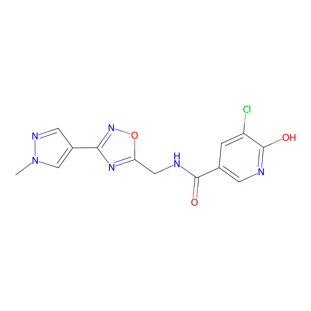 5-chloro-6-hydroxy-N-((3-(1-methyl-1H-pyrazol-4-yl)-1,2,4-oxadiazol-5-yl)methyl)nicotinamide molecular structure, CAS 2034385-17-4