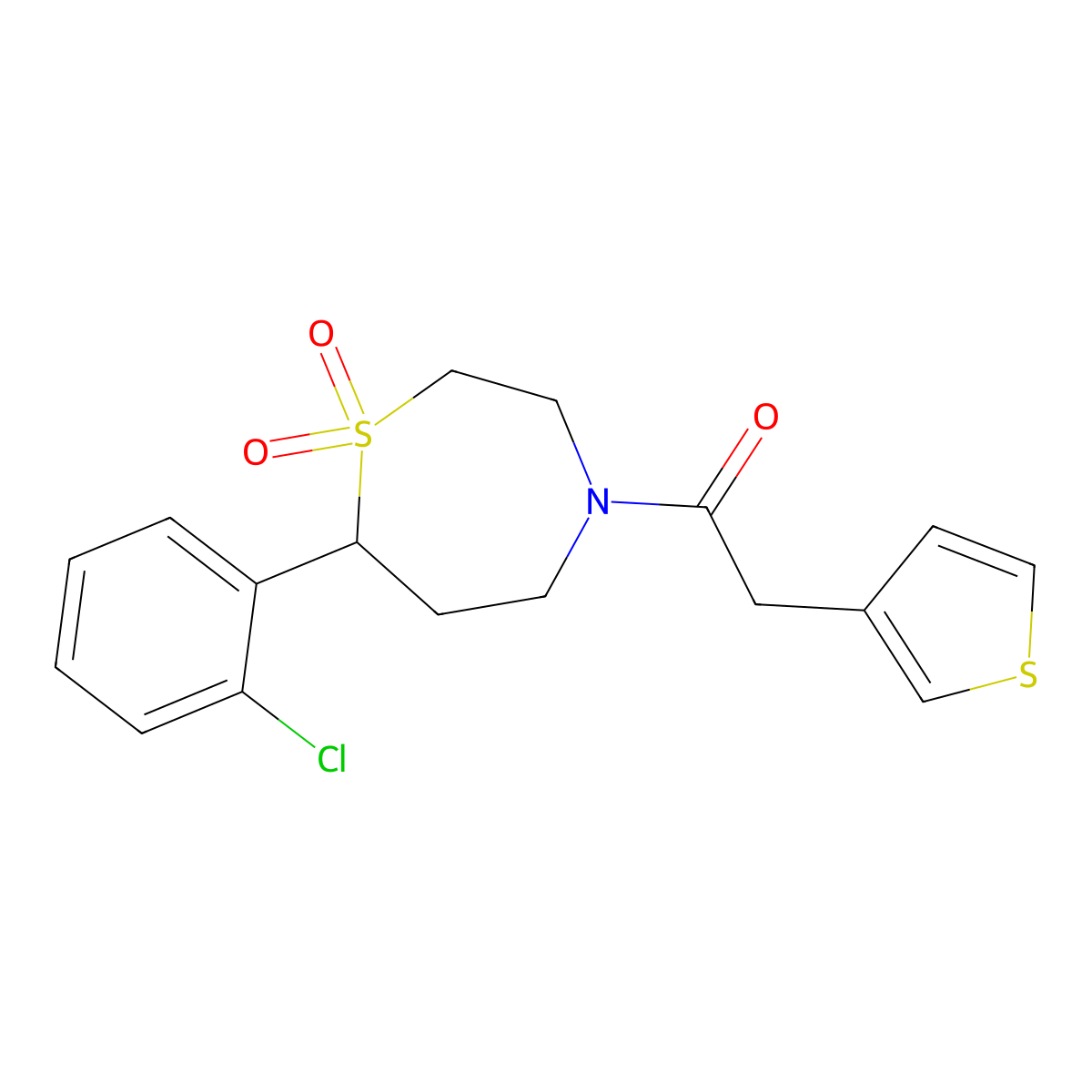 1-(7-(2-Chlorophenyl)-1,1-dioxido-1,4-thiazepan-4-yl)-2-(thiophen-3-yl)ethanone molecular structure, CAS 2034385-20-9
