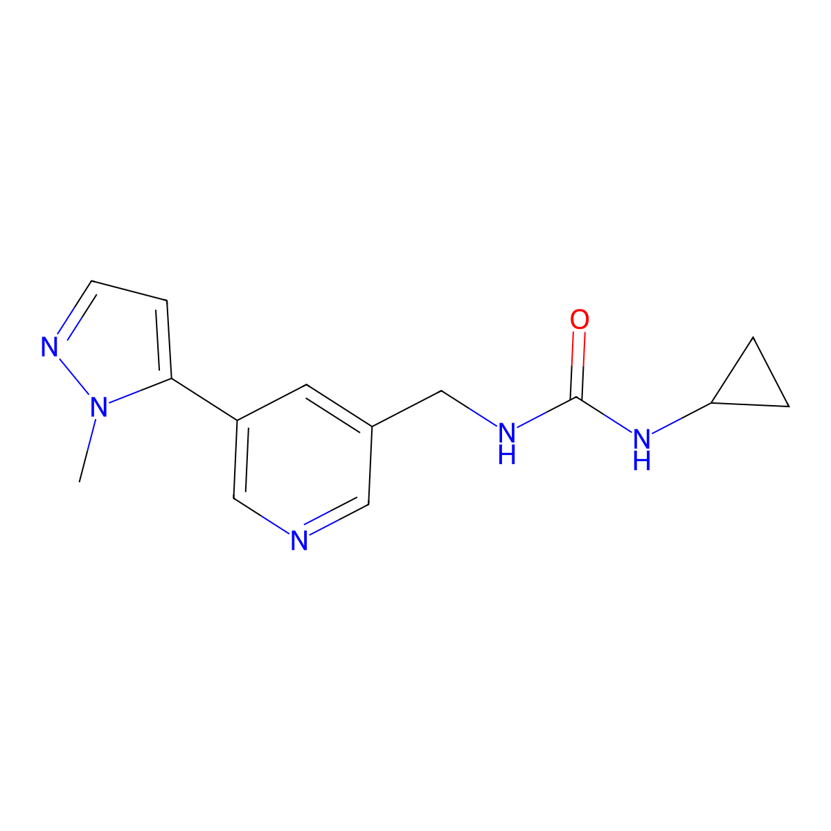 1-cyclopropyl-3-((5-(1-methyl-1H-pyrazol-5-yl)pyridin-3-yl)methyl)urea molecular structure, CAS 2034385-21-0