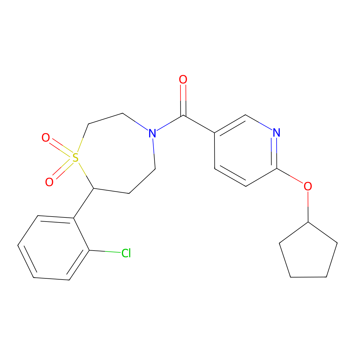 7-(2-Chlorophenyl)-4-[6-(cyclopentyloxy)pyridine-3-carbonyl]-1lambda6,4-thiazepane-1,1-dione molecular structure, CAS 2034385-26-5