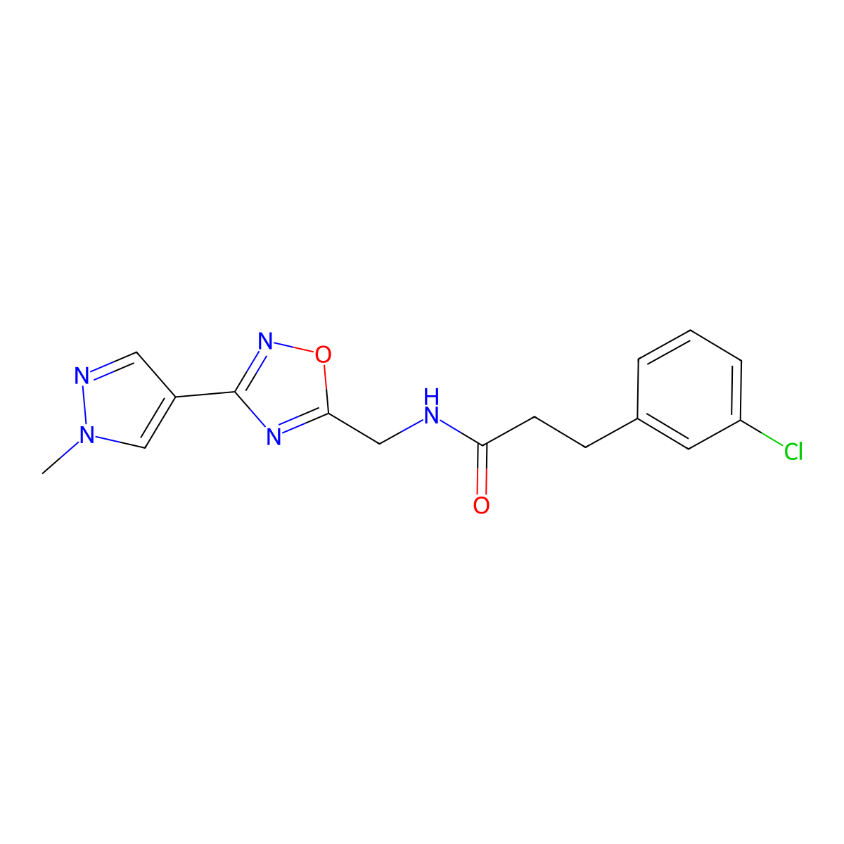 3-(3-chlorophenyl)-N-((3-(1-methyl-1H-pyrazol-4-yl)-1,2,4-oxadiazol-5-yl)methyl)propanamide molecular structure, CAS 2034385-28-7