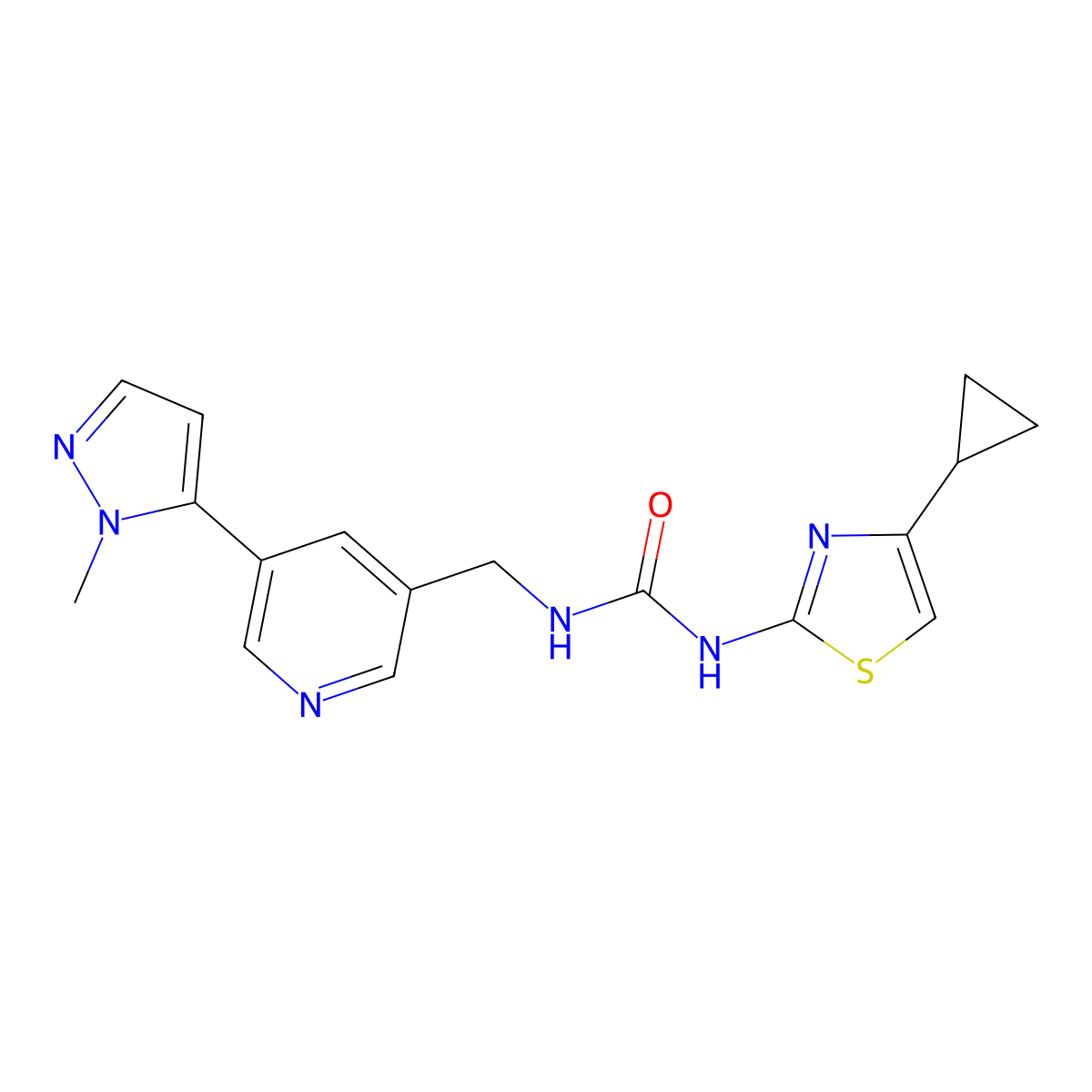 1-(4-cyclopropylthiazol-2-yl)-3-((5-(1-methyl-1H-pyrazol-5-yl)pyridin-3-yl)methyl)urea molecular structure, CAS 2034385-30-1