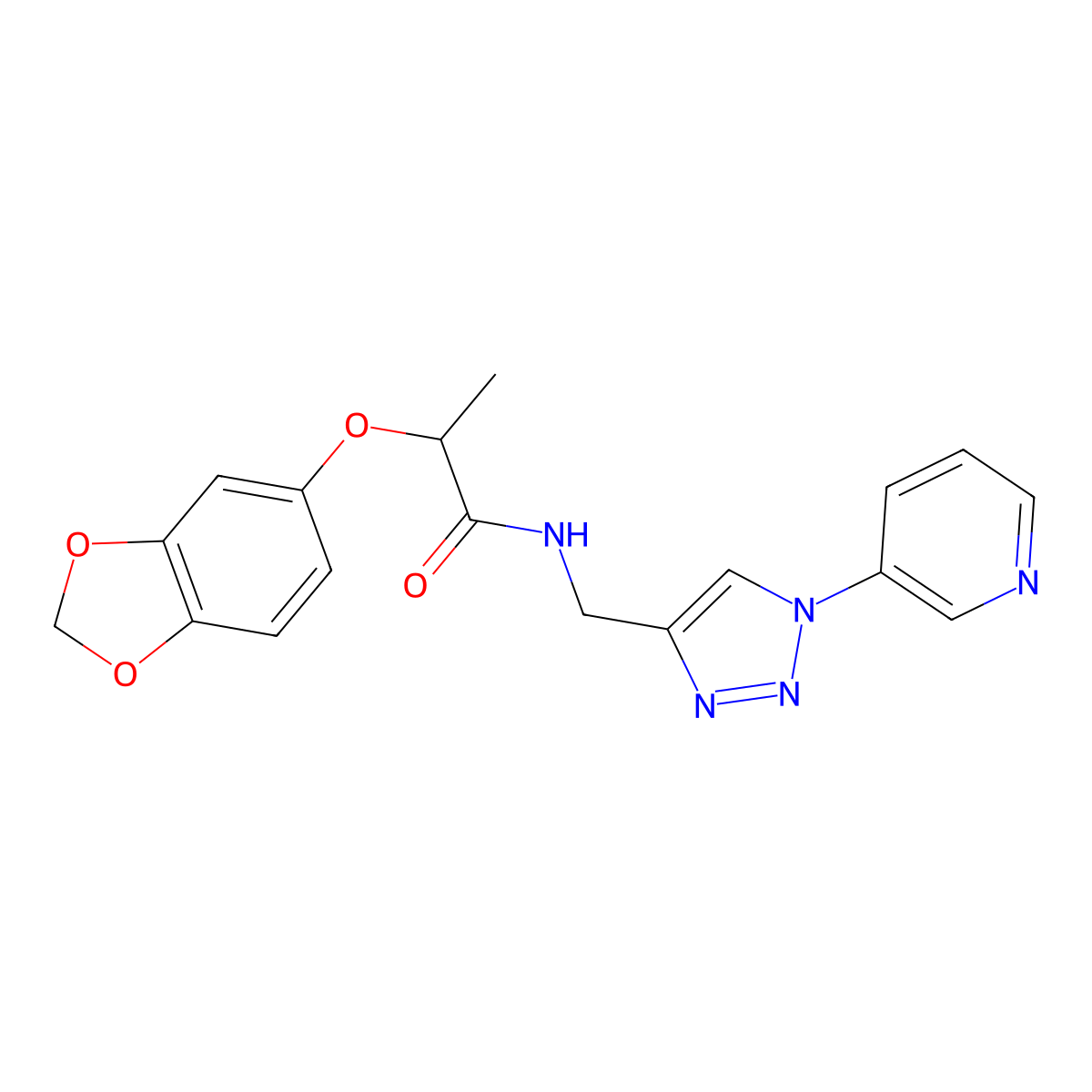2-(benzo[d][1,3]dioxol-5-yloxy)-N-((1-(pyridin-3-yl)-1H-1,2,3-triazol-4-yl)methyl)propanamide molecular structure, CAS 2034385-31-2