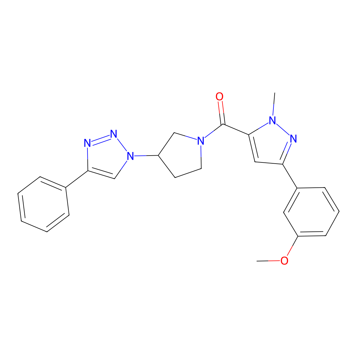 (3-(3-methoxyphenyl)-1-methyl-1H-pyrazol-5-yl)(3-(4-phenyl-1H-1,2,3-triazol-1-yl)pyrrolidin-1-yl)methanone molecular structure, CAS 2034385-34-5