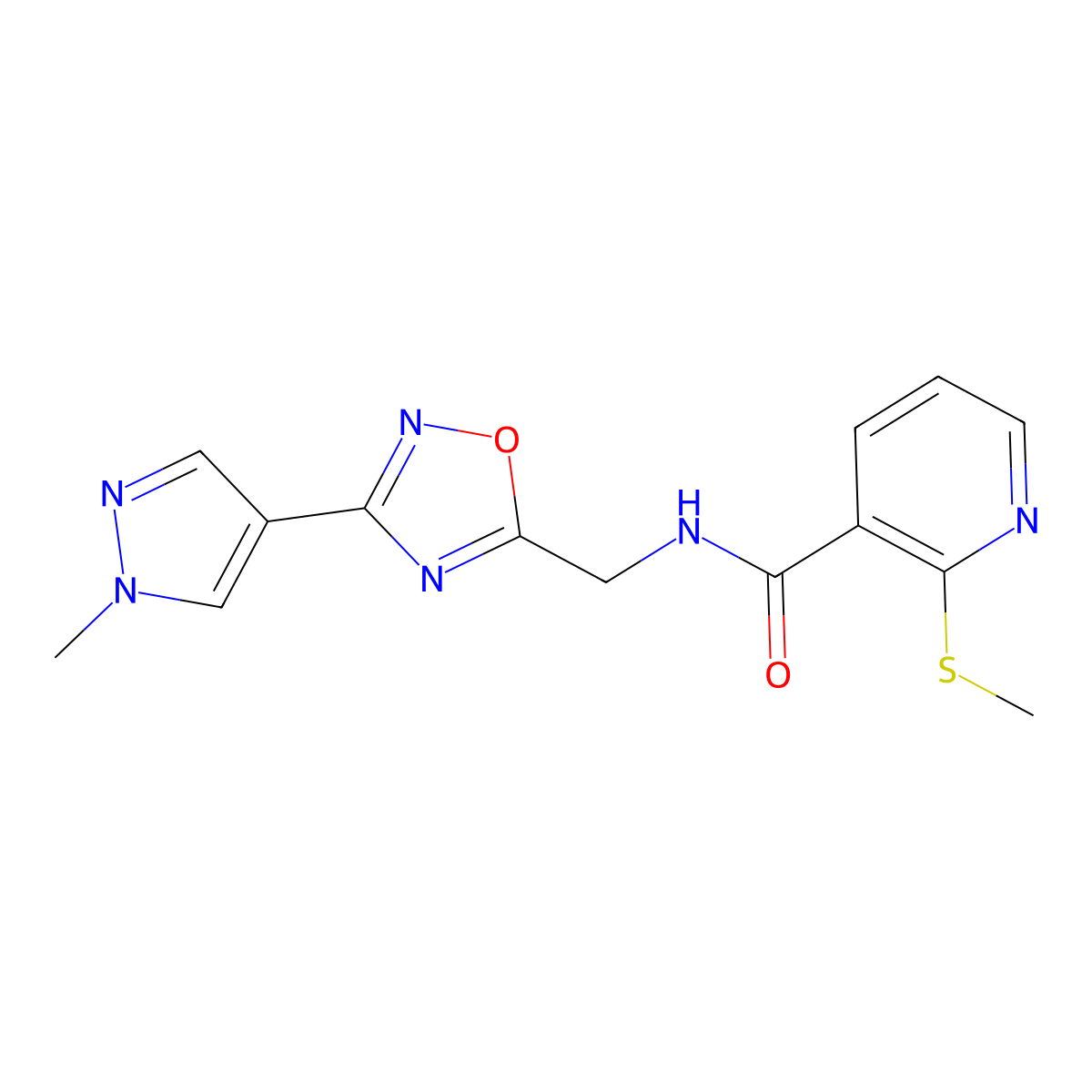 N-((3-(1-methyl-1H-pyrazol-4-yl)-1,2,4-oxadiazol-5-yl)methyl)-2-(methylthio)nicotinamide molecular structure, CAS 2034385-35-6