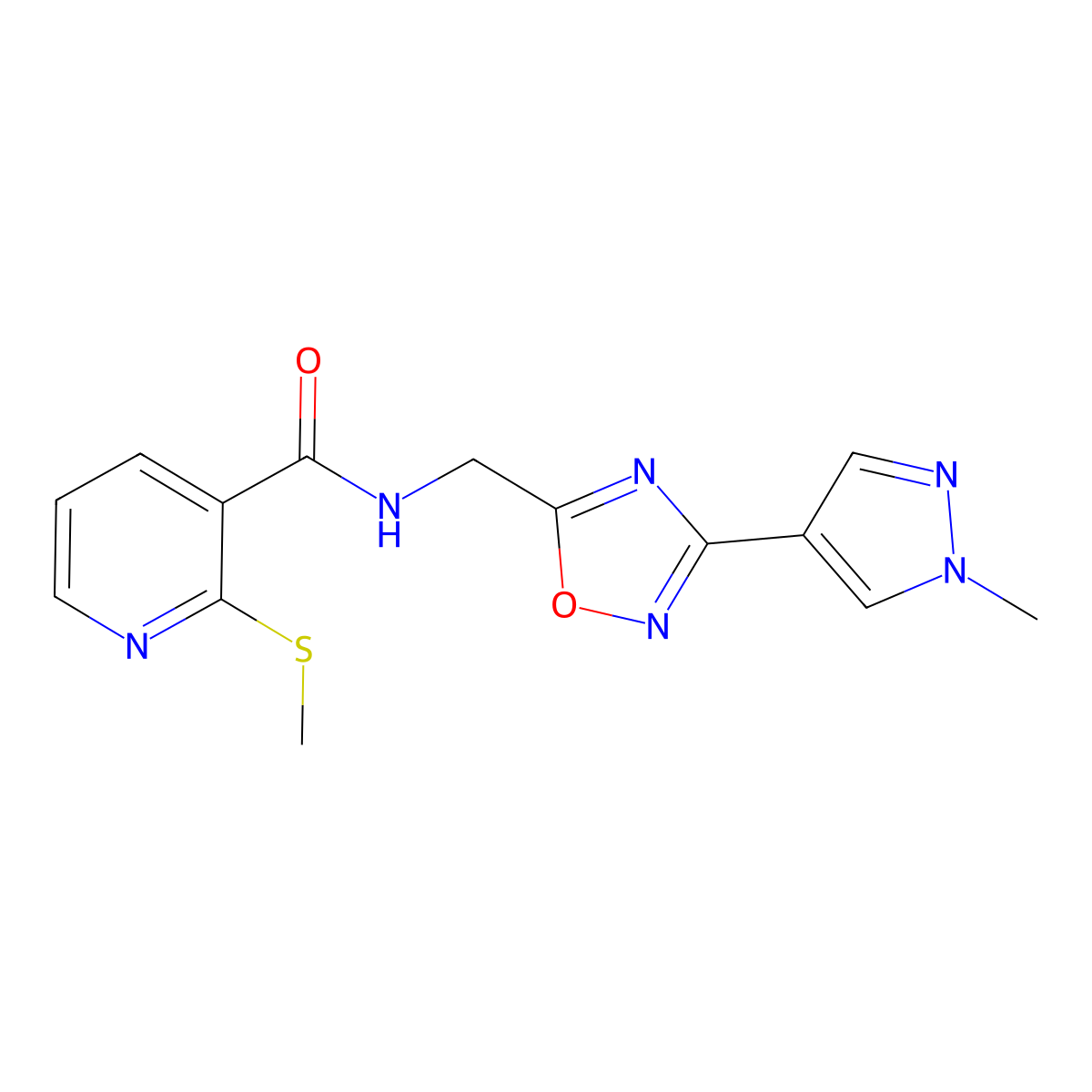 N-((3-(1-methyl-1H-pyrazol-4-yl)-1,2,4-oxadiazol-5-yl)methyl)-2-(methylthio)nicotinamide molecular structure, CAS 2034385-35-6