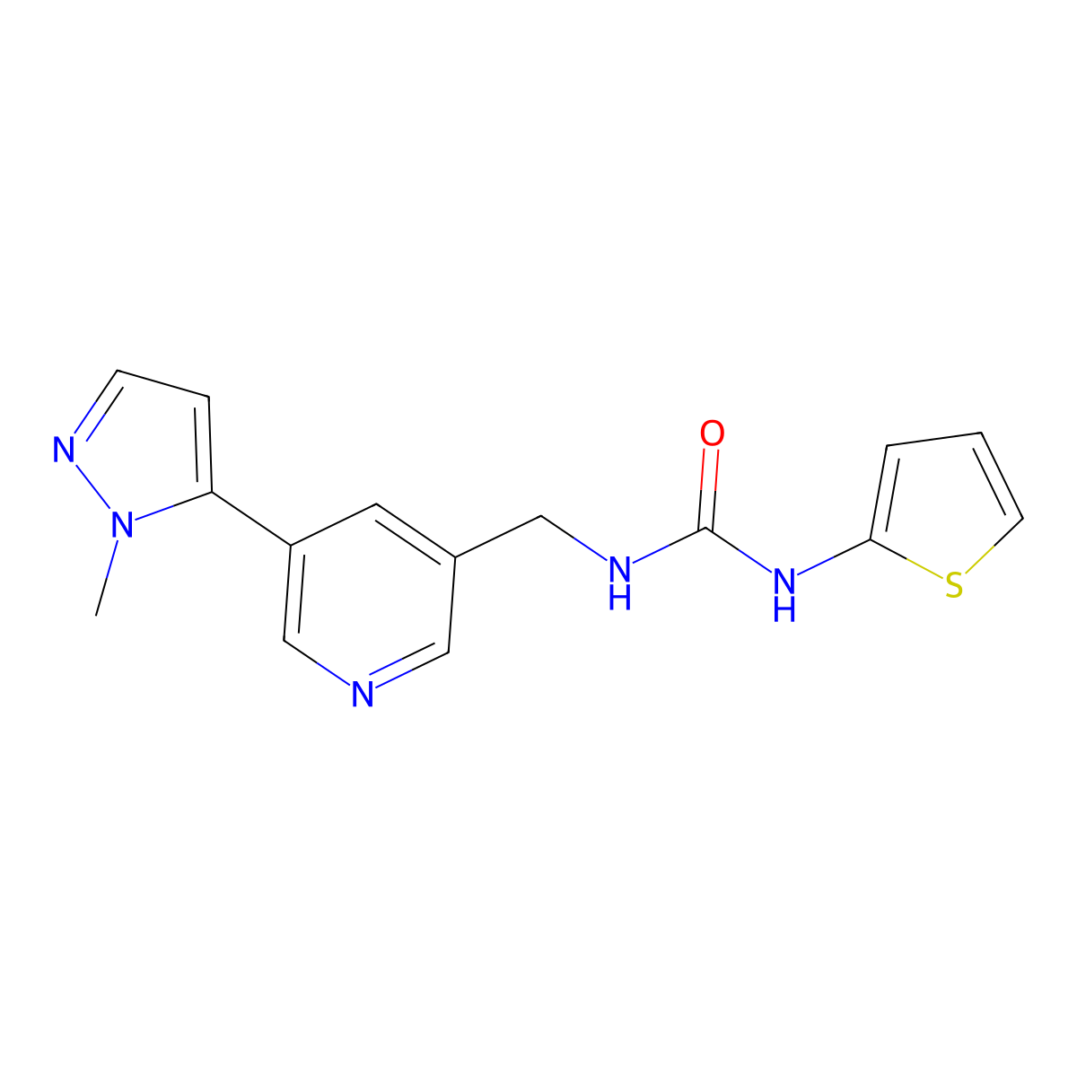 1-((5-(1-methyl-1H-pyrazol-5-yl)pyridin-3-yl)methyl)-3-(thiophen-2-yl)urea molecular structure, CAS 2034385-37-8