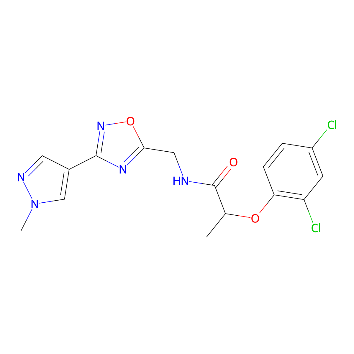 2-(2,4-dichlorophenoxy)-N-((3-(1-methyl-1H-pyrazol-4-yl)-1,2,4-oxadiazol-5-yl)methyl)propanamide molecular structure, CAS 2034385-44-7