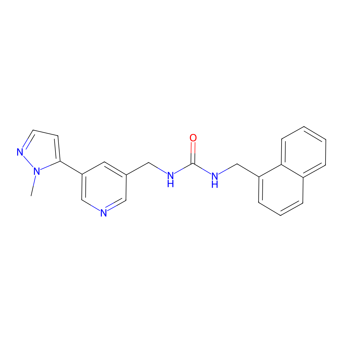 1-((5-(1-methyl-1H-pyrazol-5-yl)pyridin-3-yl)methyl)-3-(naphthalen-1-ylmethyl)urea molecular structure, CAS 2034385-48-1