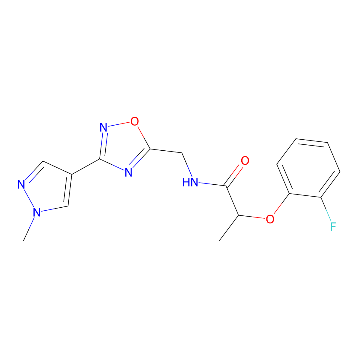 2-(2-fluorophenoxy)-N-((3-(1-methyl-1H-pyrazol-4-yl)-1,2,4-oxadiazol-5-yl)methyl)propanamide molecular structure, CAS 2034385-51-6