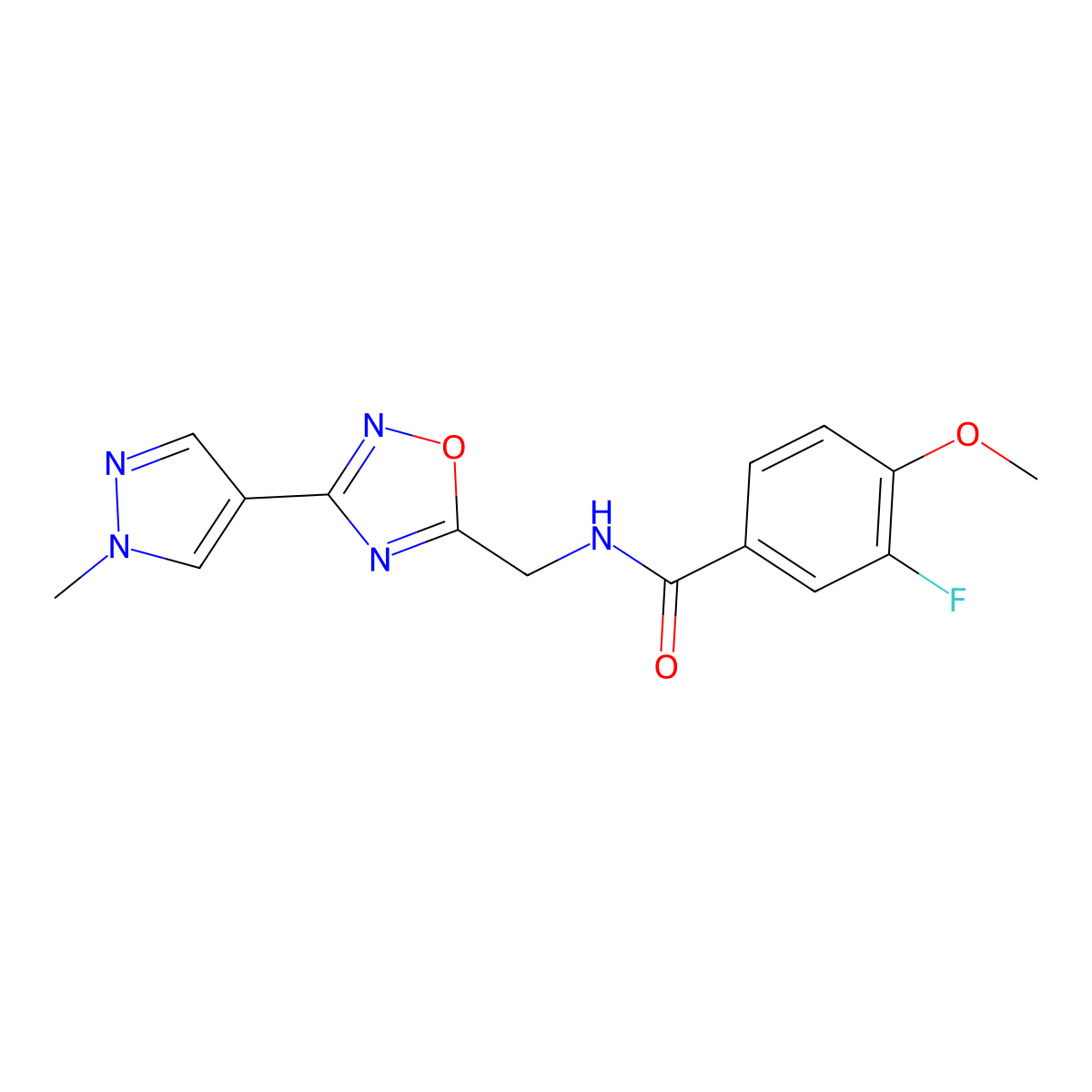 3-fluoro-4-methoxy-N-((3-(1-methyl-1H-pyrazol-4-yl)-1,2,4-oxadiazol-5-yl)methyl)benzamide molecular structure, CAS 2034385-57-2