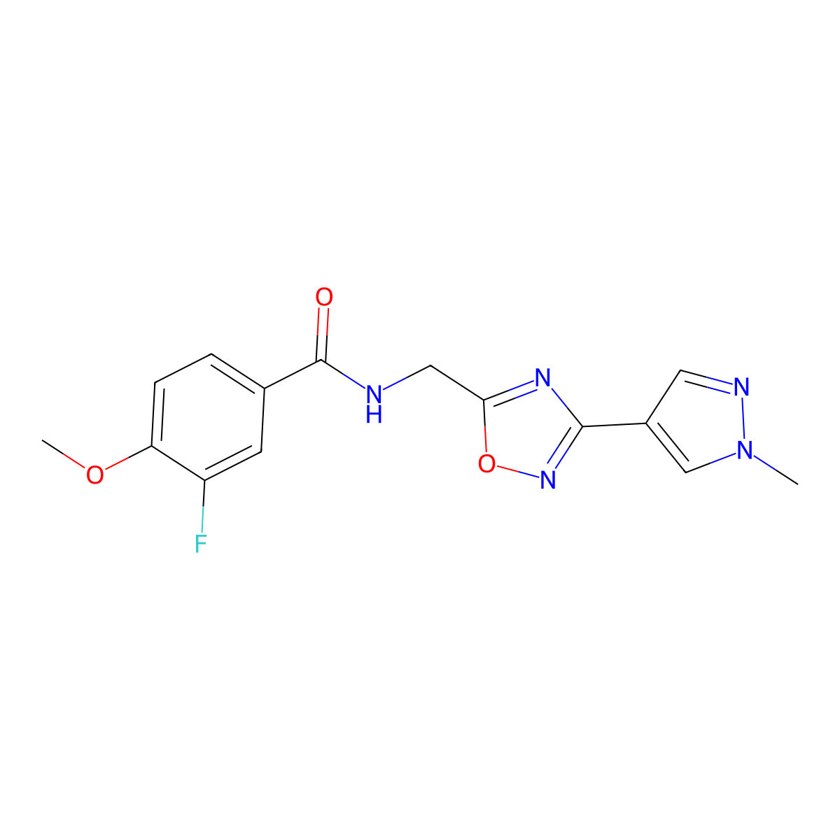 3-fluoro-4-methoxy-N-((3-(1-methyl-1H-pyrazol-4-yl)-1,2,4-oxadiazol-5-yl)methyl)benzamide molecular structure, CAS 2034385-57-2