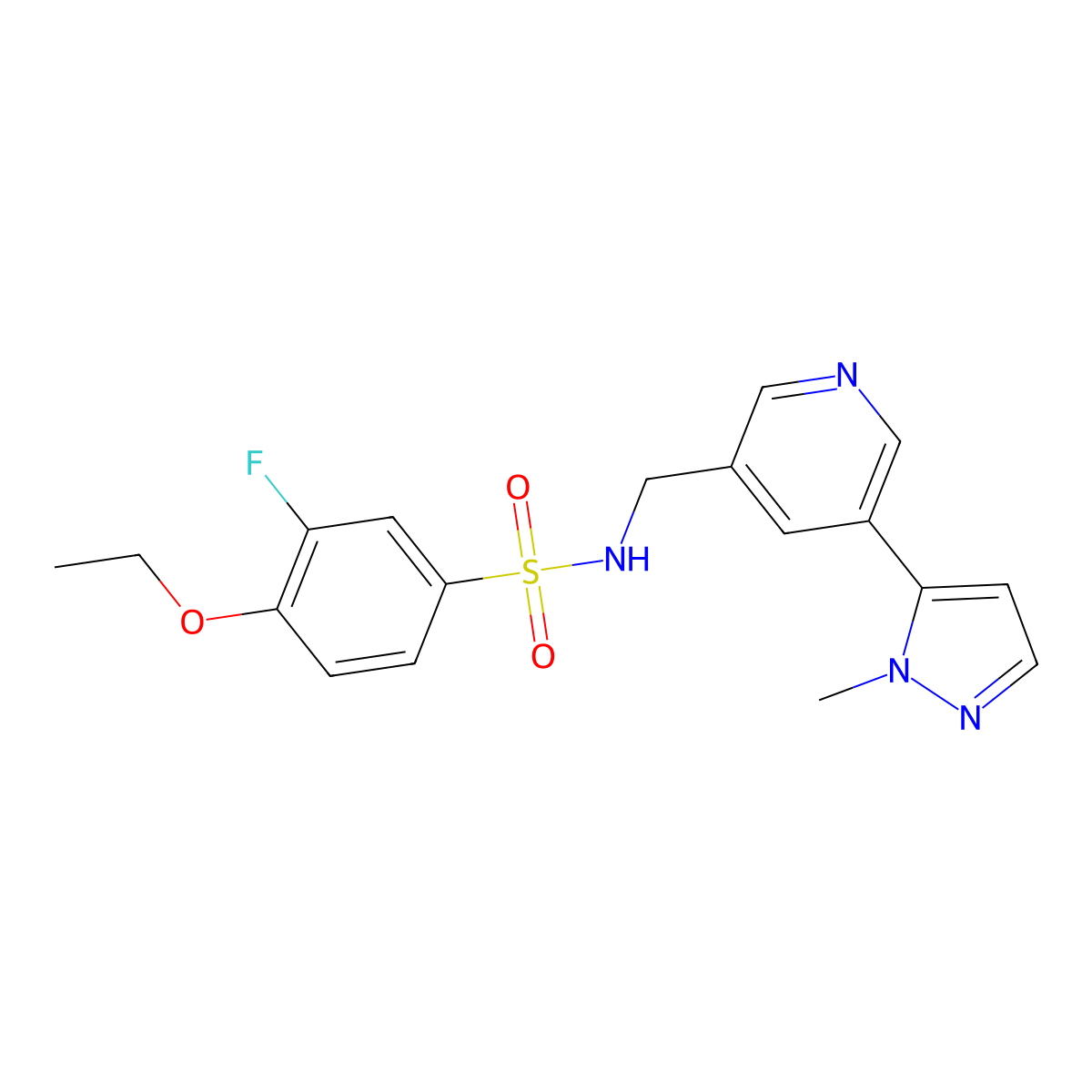 4-ethoxy-3-fluoro-N-((5-(1-methyl-1H-pyrazol-5-yl)pyridin-3-yl)methyl)benzenesulfonamide molecular structure, CAS 2034385-60-7