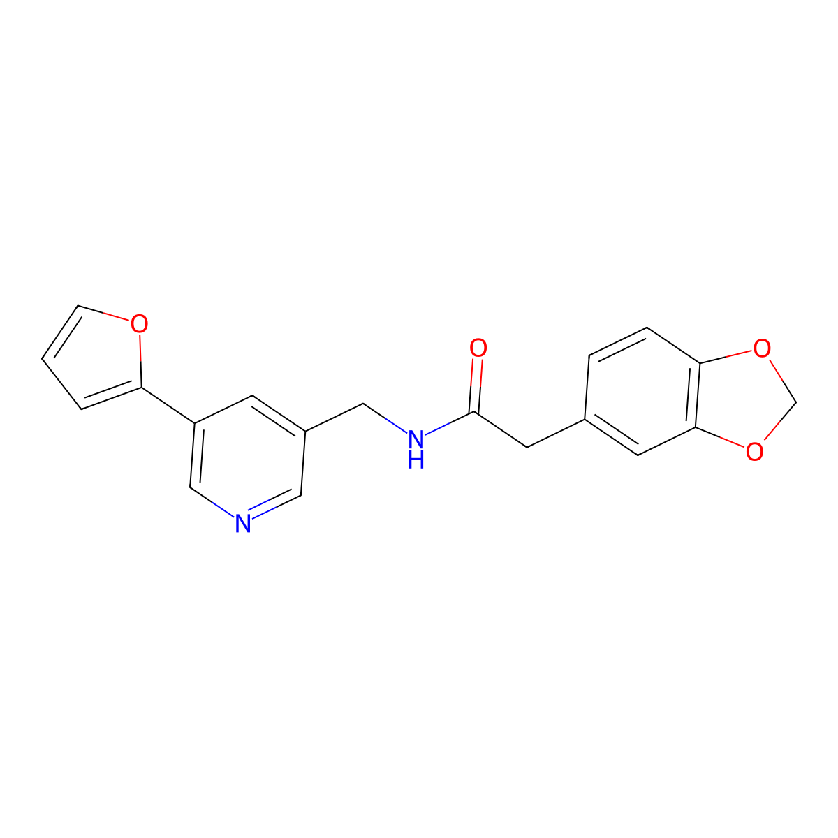 2-(benzo[d][1,3]dioxol-5-yl)-N-((5-(furan-2-yl)pyridin-3-yl)methyl)acetamide molecular structure, CAS 2034385-65-2