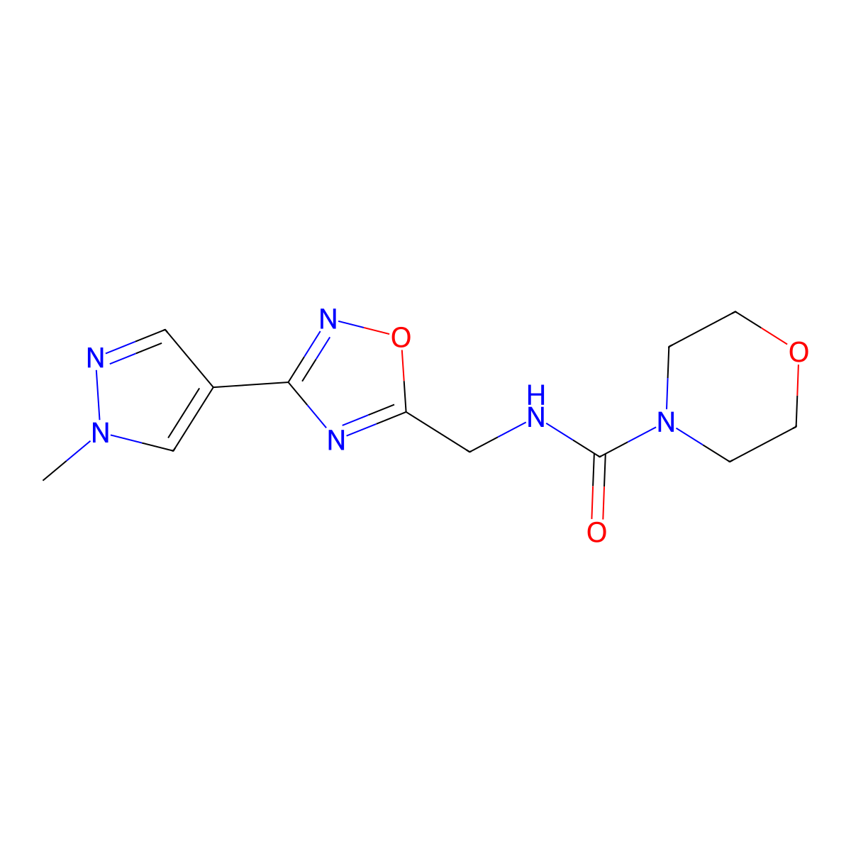 N-{[3-(1-methyl-1H-pyrazol-4-yl)-1,2,4-oxadiazol-5-yl]methyl}morpholine-4-carboxamide molecular structure, CAS 2034385-66-3