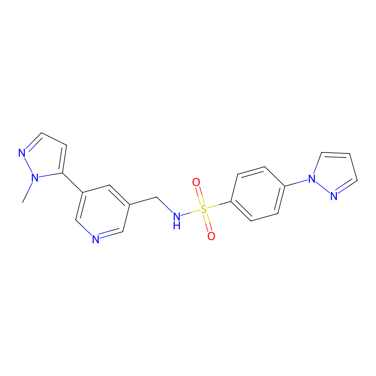 N-((5-(1-methyl-1H-pyrazol-5-yl)pyridin-3-yl)methyl)-4-(1H-pyrazol-1-yl)benzenesulfonamide molecular structure, CAS 2034385-67-4
