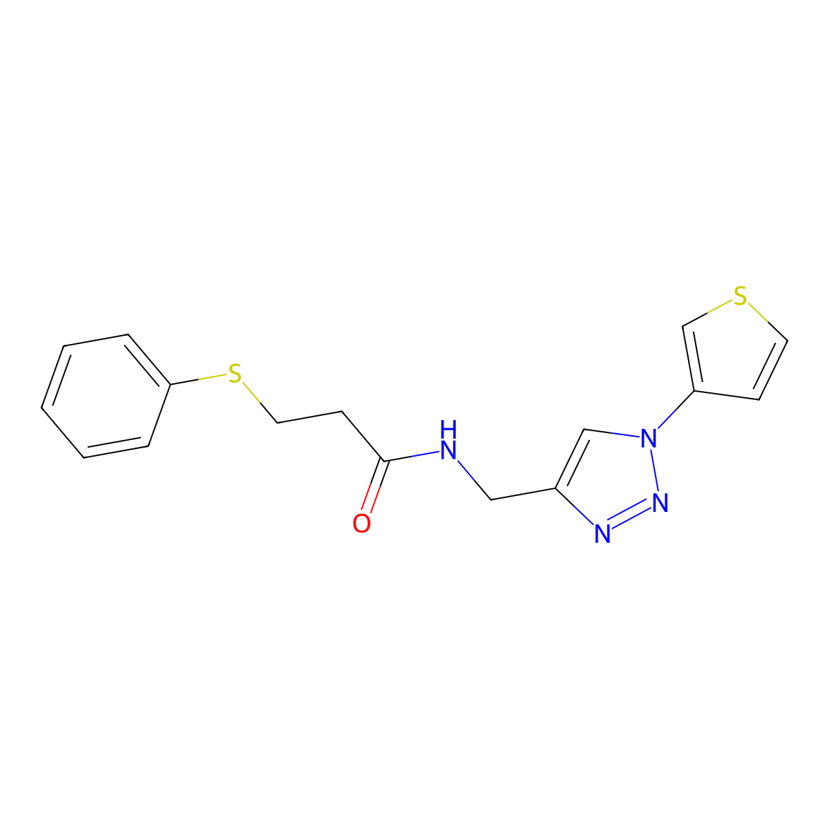 3-(phenylthio)-N-((1-(thiophen-3-yl)-1H-1,2,3-triazol-4-yl)methyl)propanamide molecular structure, CAS 2034385-71-0