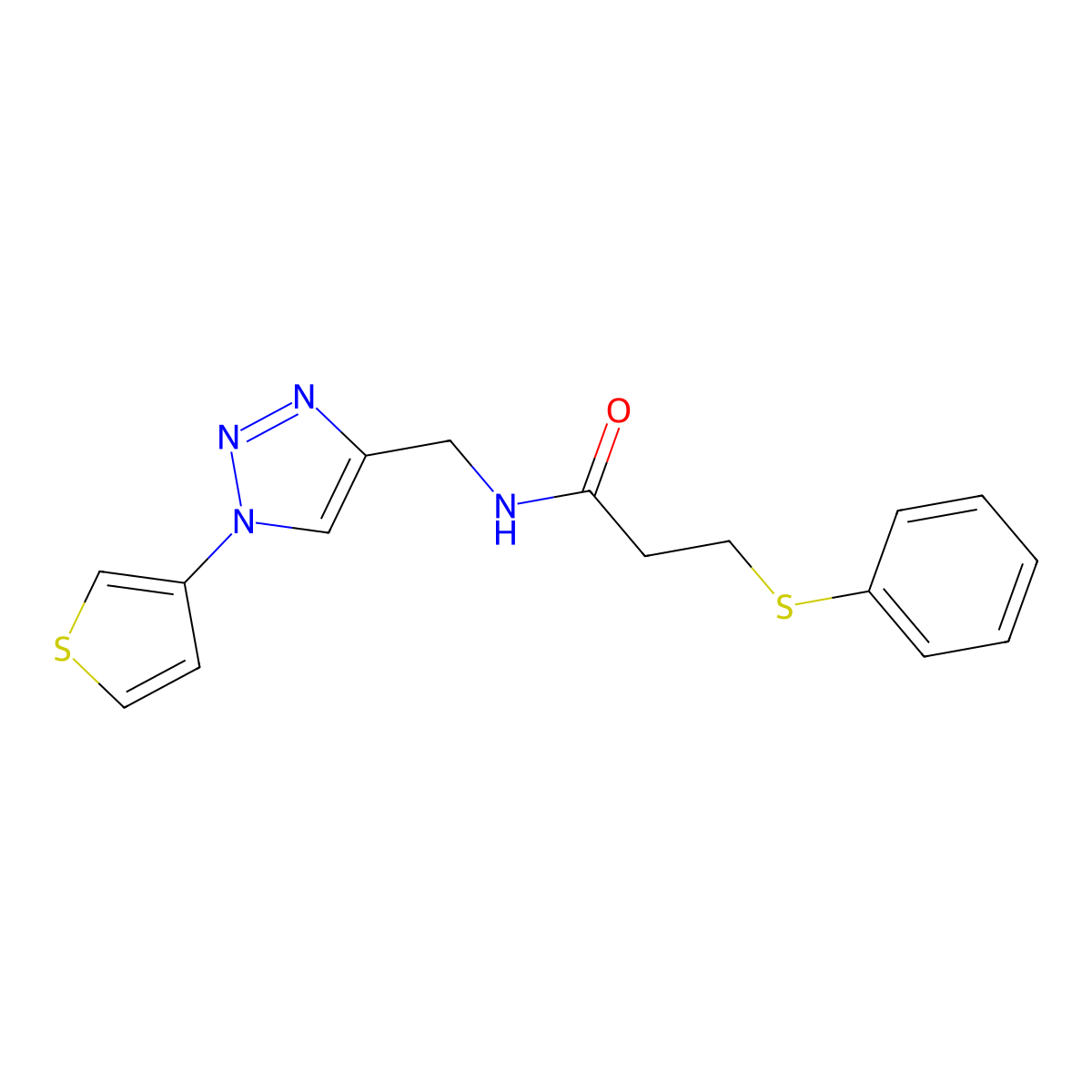 3-(phenylthio)-N-((1-(thiophen-3-yl)-1H-1,2,3-triazol-4-yl)methyl)propanamide molecular structure, CAS 2034385-71-0