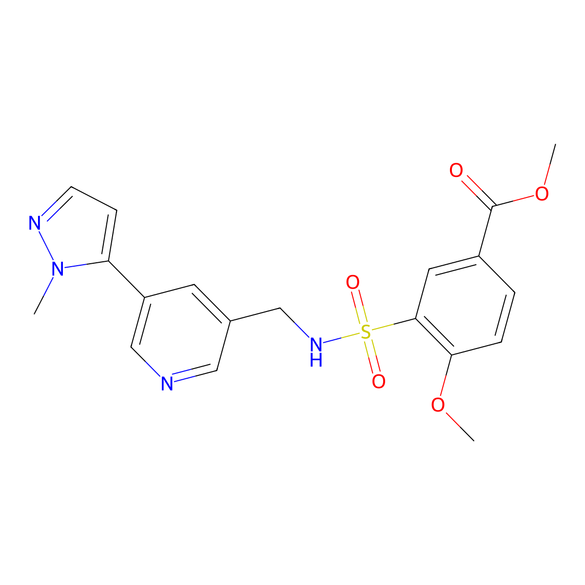 methyl 4-methoxy-3-(N-((5-(1-methyl-1H-pyrazol-5-yl)pyridin-3-yl)methyl)sulfamoyl)benzoate molecular structure, CAS 2034385-74-3