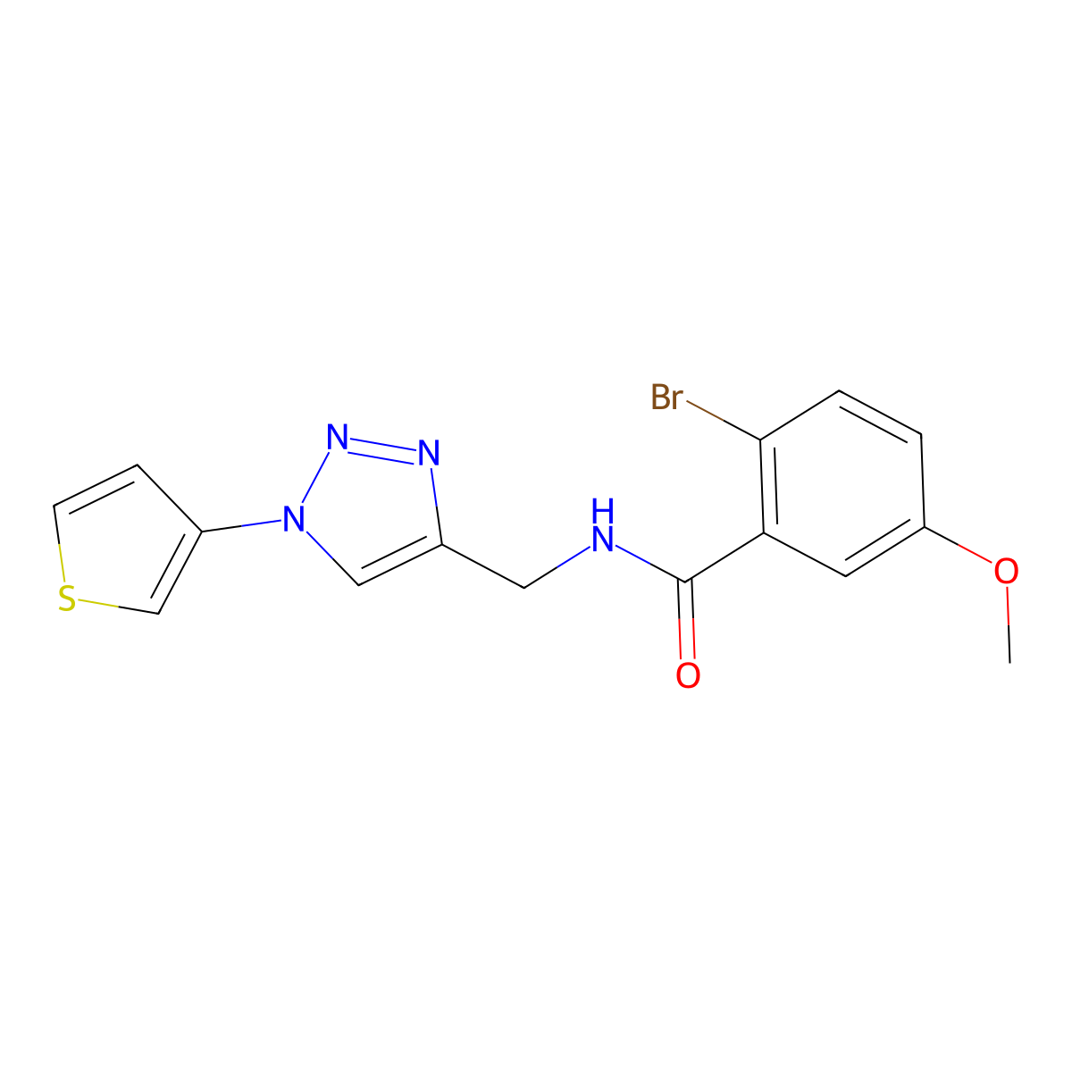 2-bromo-5-methoxy-N-((1-(thiophen-3-yl)-1H-1,2,3-triazol-4-yl)methyl)benzamide molecular structure, CAS 2034385-86-7