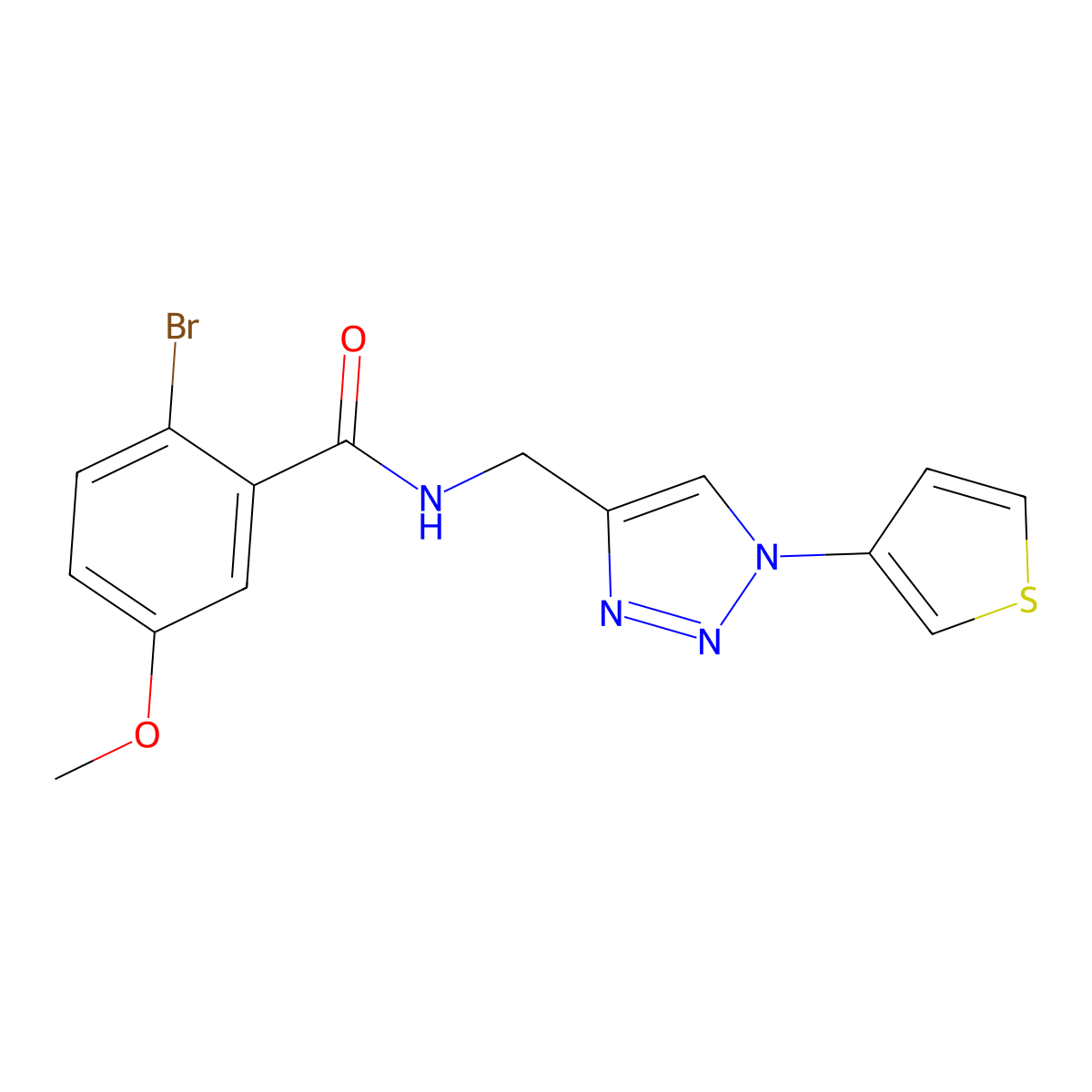 2-bromo-5-methoxy-N-((1-(thiophen-3-yl)-1H-1,2,3-triazol-4-yl)methyl)benzamide molecular structure, CAS 2034385-86-7