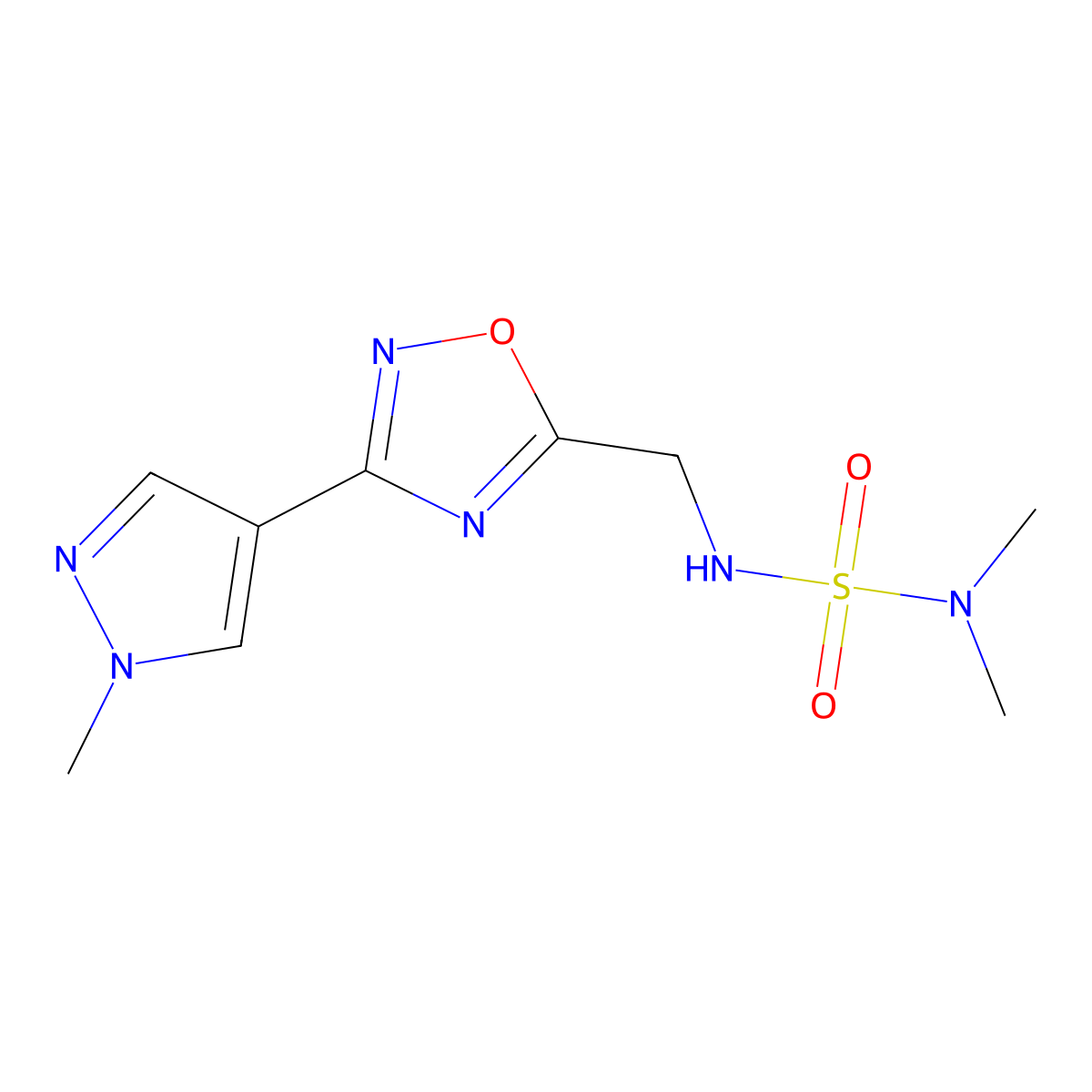 dimethyl({[3-(1-methyl-1H-pyrazol-4-yl)-1,2,4-oxadiazol-5-yl]methyl}sulfamoyl)amine molecular structure, CAS 2034385-88-9