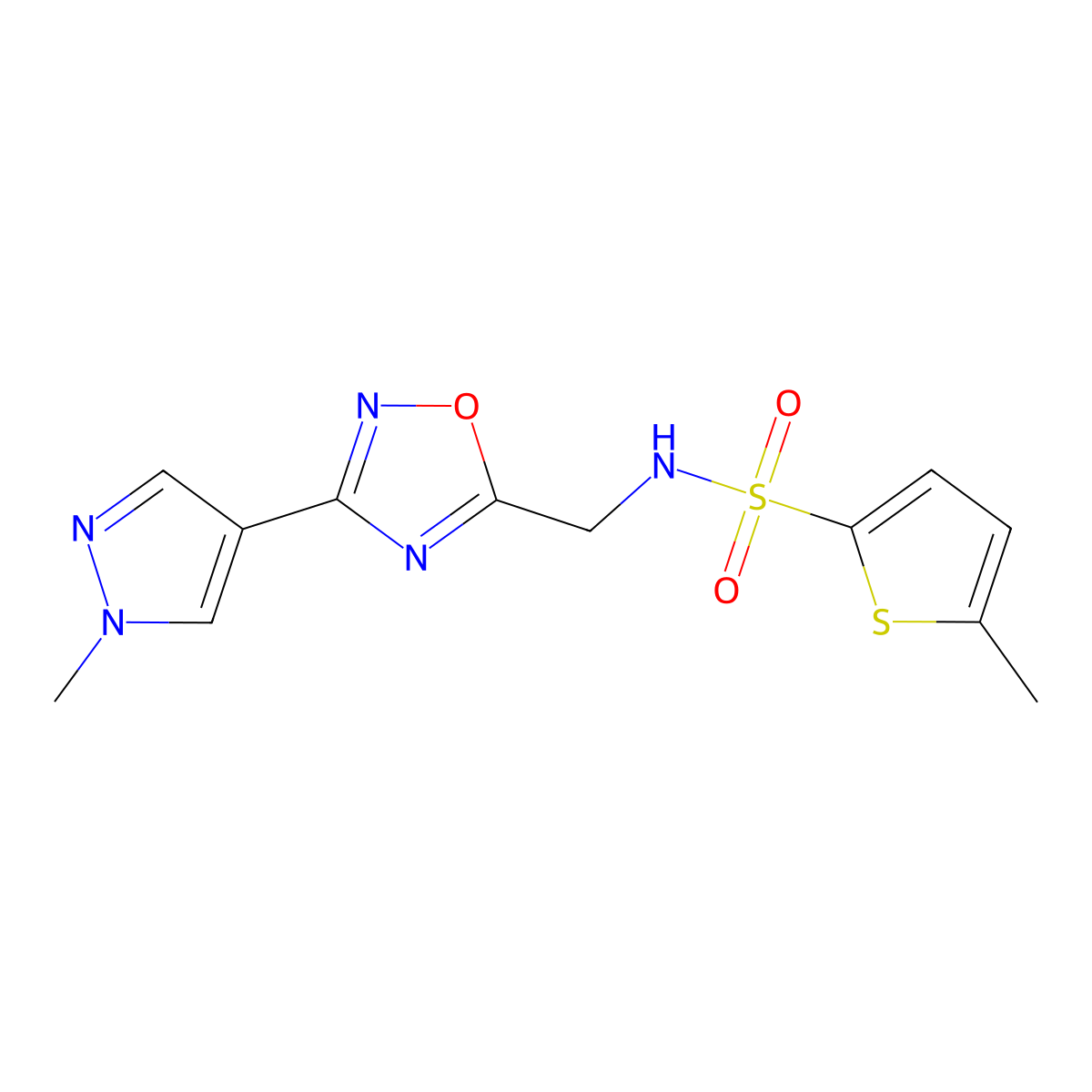 5-methyl-N-{[3-(1-methyl-1H-pyrazol-4-yl)-1,2,4-oxadiazol-5-yl]methyl}thiophene-2-sulfonamide molecular structure, CAS 2034385-93-6