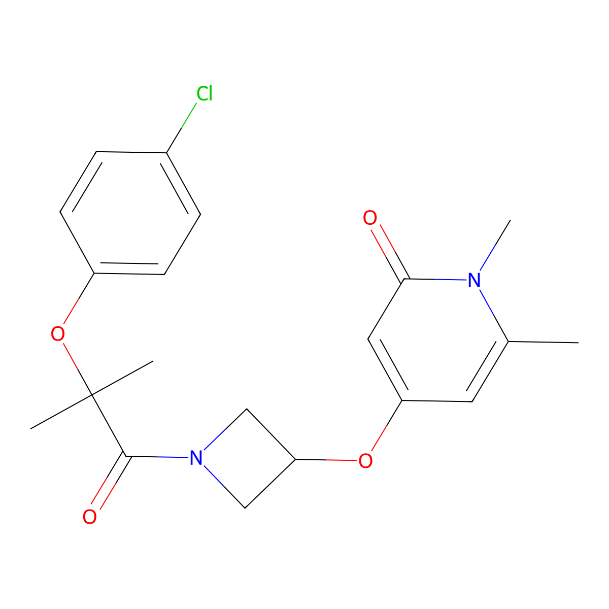 4-((1-(2-(4-chlorophenoxy)-2-methylpropanoyl)azetidin-3-yl)oxy)-1,6-dimethylpyridin-2(1H)-one molecular structure, CAS 2034385-98-1