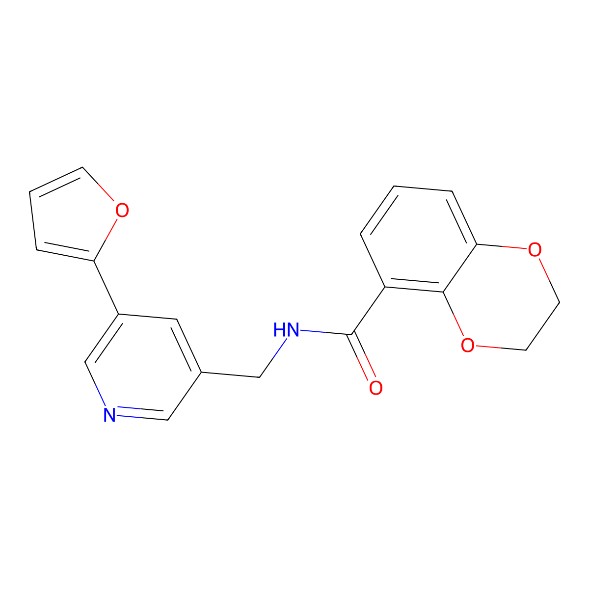N-((5-(furan-2-yl)pyridin-3-yl)methyl)-2,3-dihydrobenzo[b][1,4]dioxine-5-carboxamide molecular structure, CAS 2034386-01-9