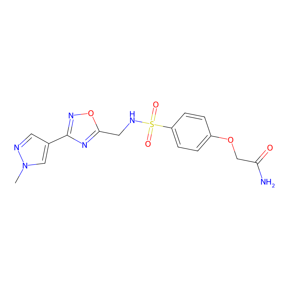 2-(4-(N-((3-(1-methyl-1H-pyrazol-4-yl)-1,2,4-oxadiazol-5-yl)methyl)sulfamoyl)phenoxy)acetamide molecular structure, CAS 2034386-12-2