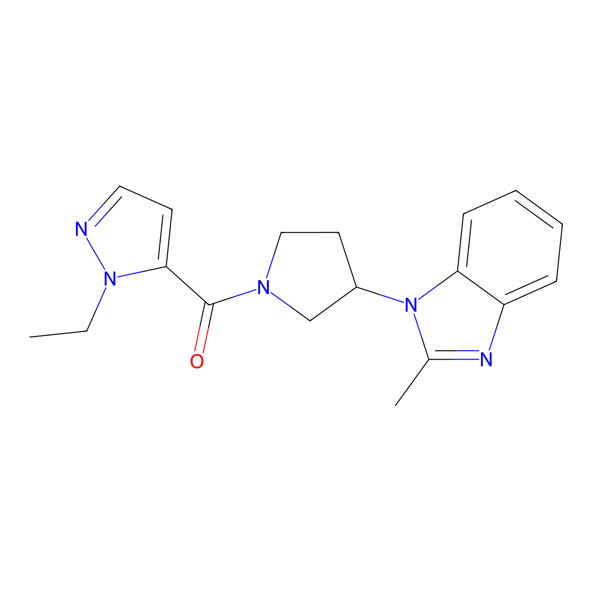 (1-ethyl-1H-pyrazol-5-yl)(3-(2-methyl-1H-benzo[d]imidazol-1-yl)pyrrolidin-1-yl)methanone molecular structure, CAS 2034386-14-4