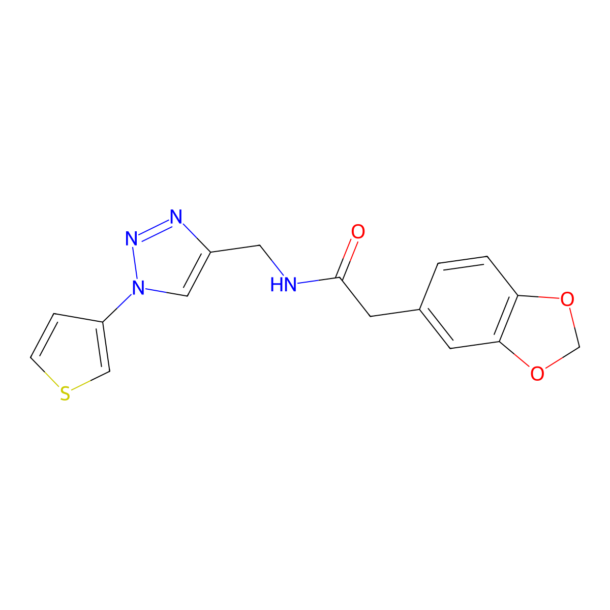 2-(benzo[d][1,3]dioxol-5-yl)-N-((1-(thiophen-3-yl)-1H-1,2,3-triazol-4-yl)methyl)acetamide molecular structure, CAS 2034386-17-7