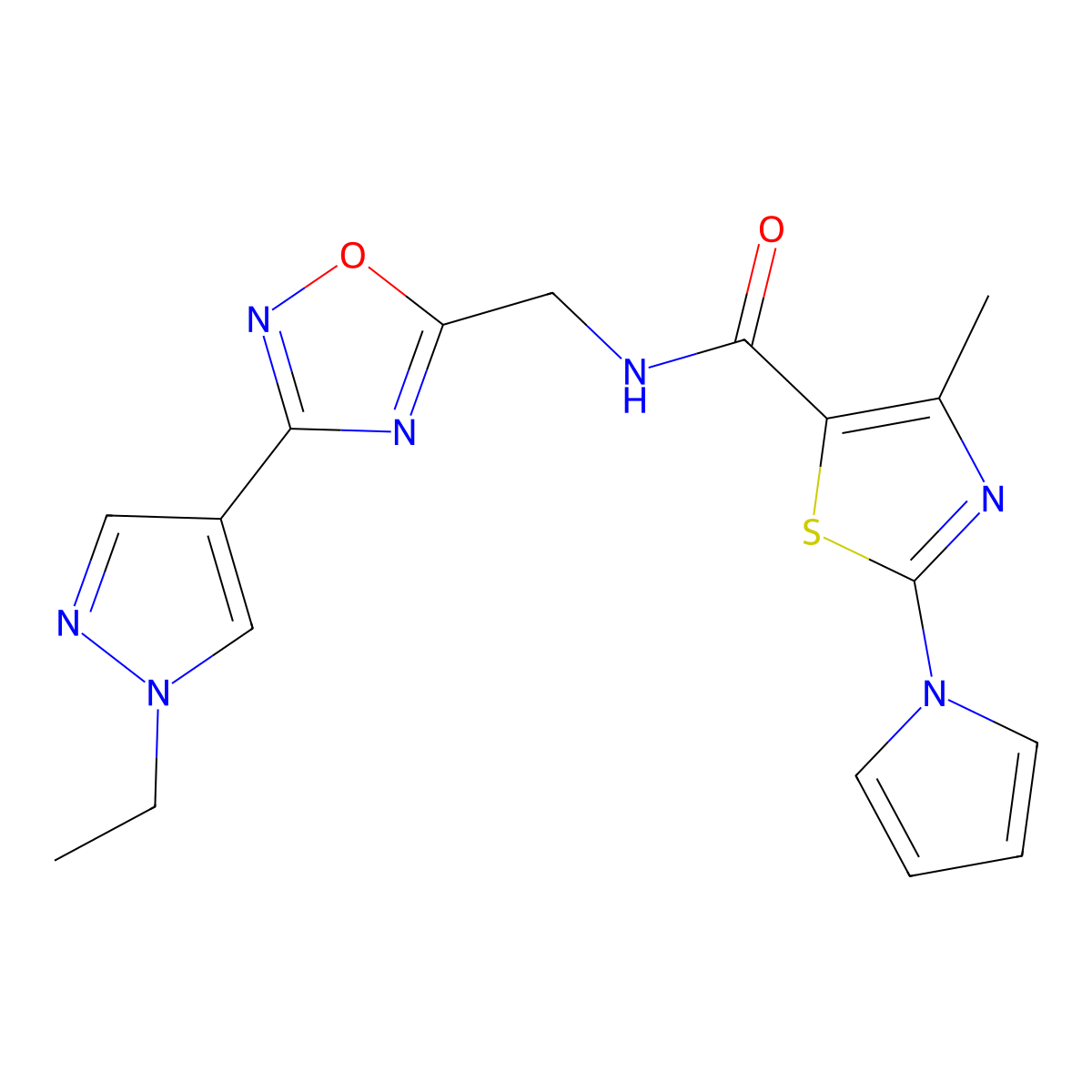 N-((3-(1-ethyl-1H-pyrazol-4-yl)-1,2,4-oxadiazol-5-yl)methyl)-4-methyl-2-(1H-pyrrol-1-yl)thiazole-5-carboxamide molecular structure, CAS 2034386-18-8