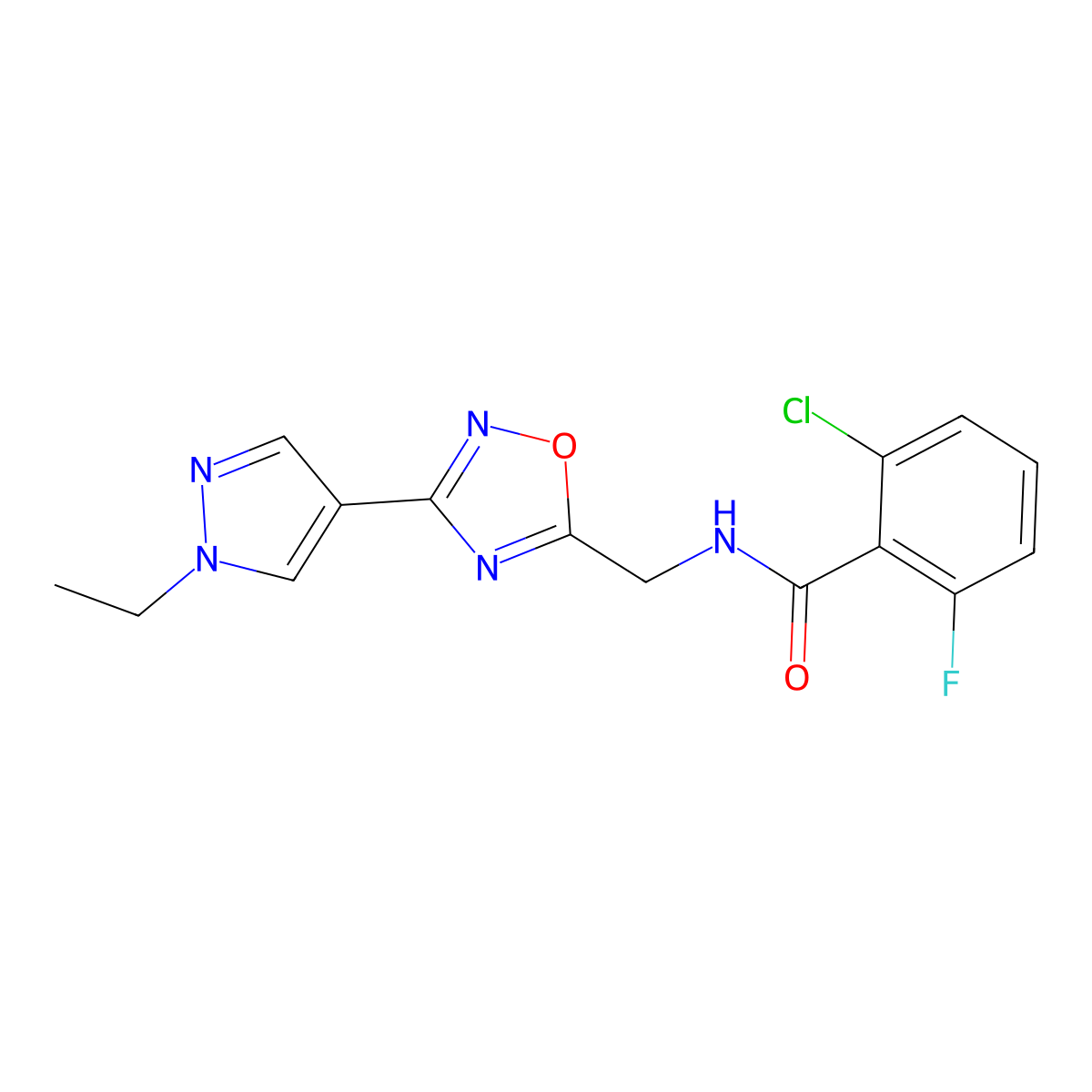 2-chloro-N-((3-(1-ethyl-1H-pyrazol-4-yl)-1,2,4-oxadiazol-5-yl)methyl)-6-fluorobenzamide molecular structure, CAS 2034386-27-9