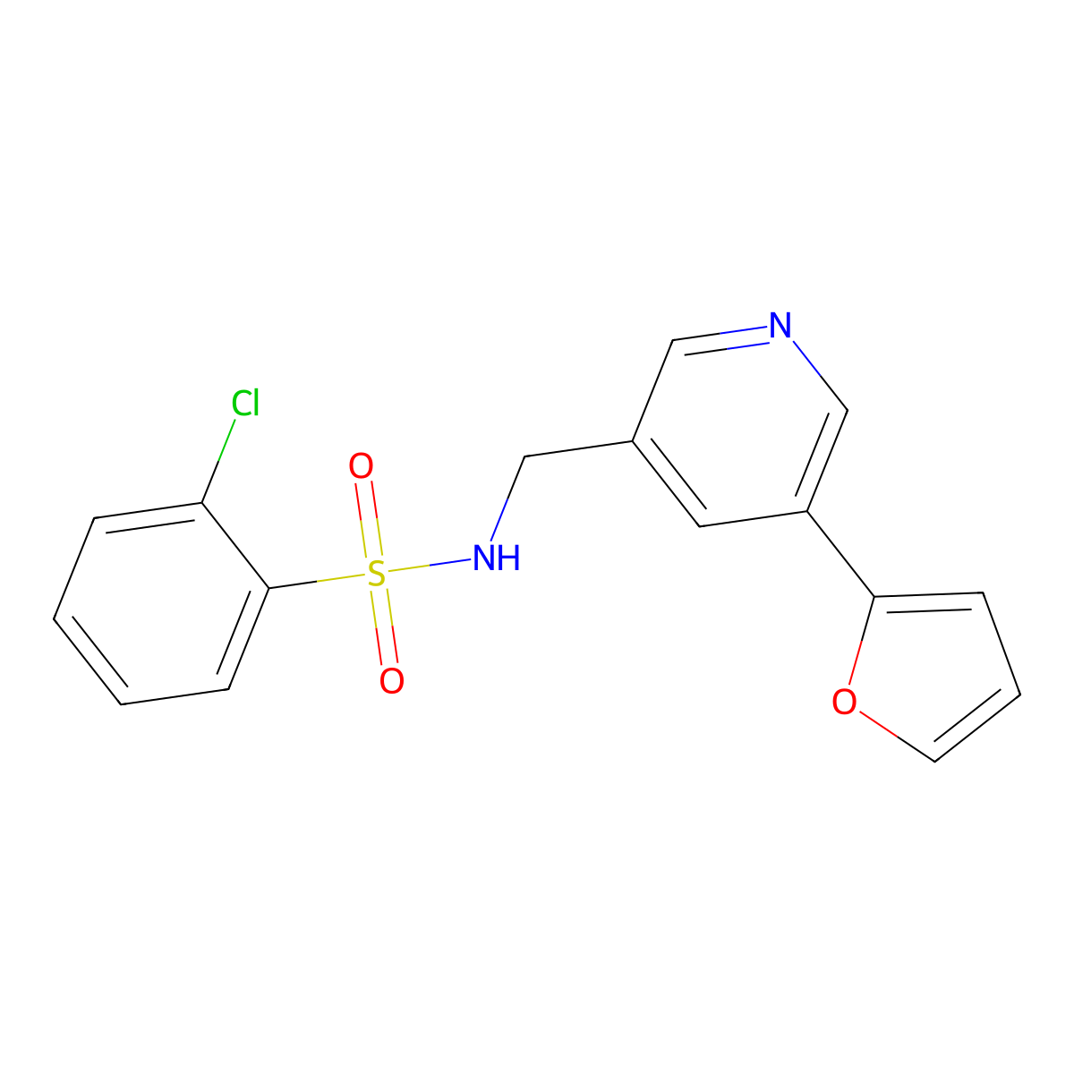 2-chloro-N-((5-(furan-2-yl)pyridin-3-yl)methyl)benzenesulfonamide molecular structure, CAS 2034386-34-8