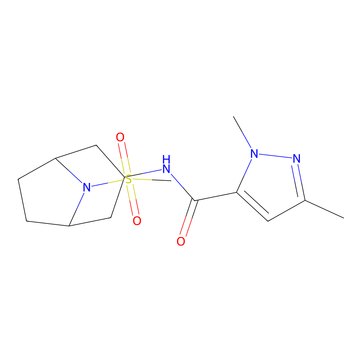 1,3-dimethyl-N-(8-(methylsulfonyl)-8-azabicyclo[3.2.1]octan-3-yl)-1H-pyrazole-5-carboxamide molecular structure, CAS 2034386-41-7
